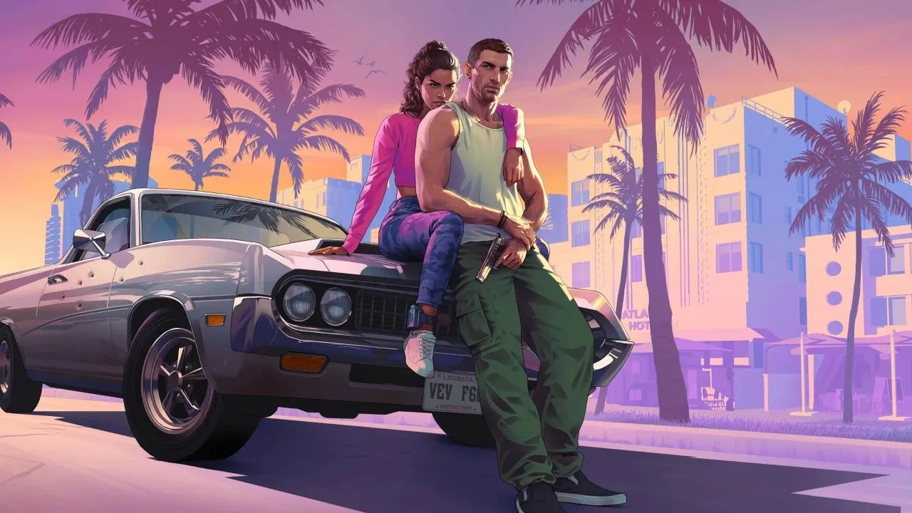 Ảnh bìa chính thức của GTA 6 với hai nhân vật chính và khung cảnh Vice City