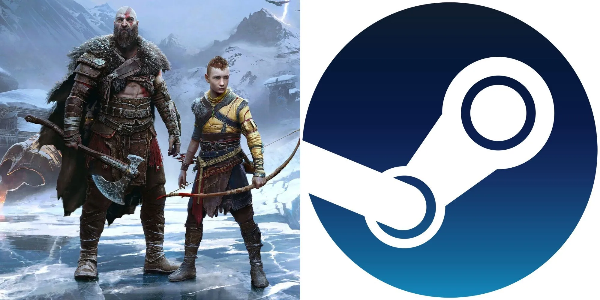 Ảnh bìa quảng cáo God of War Ragnarok và logo Steam, minh họa cho việc yêu cầu tài khoản ngoài