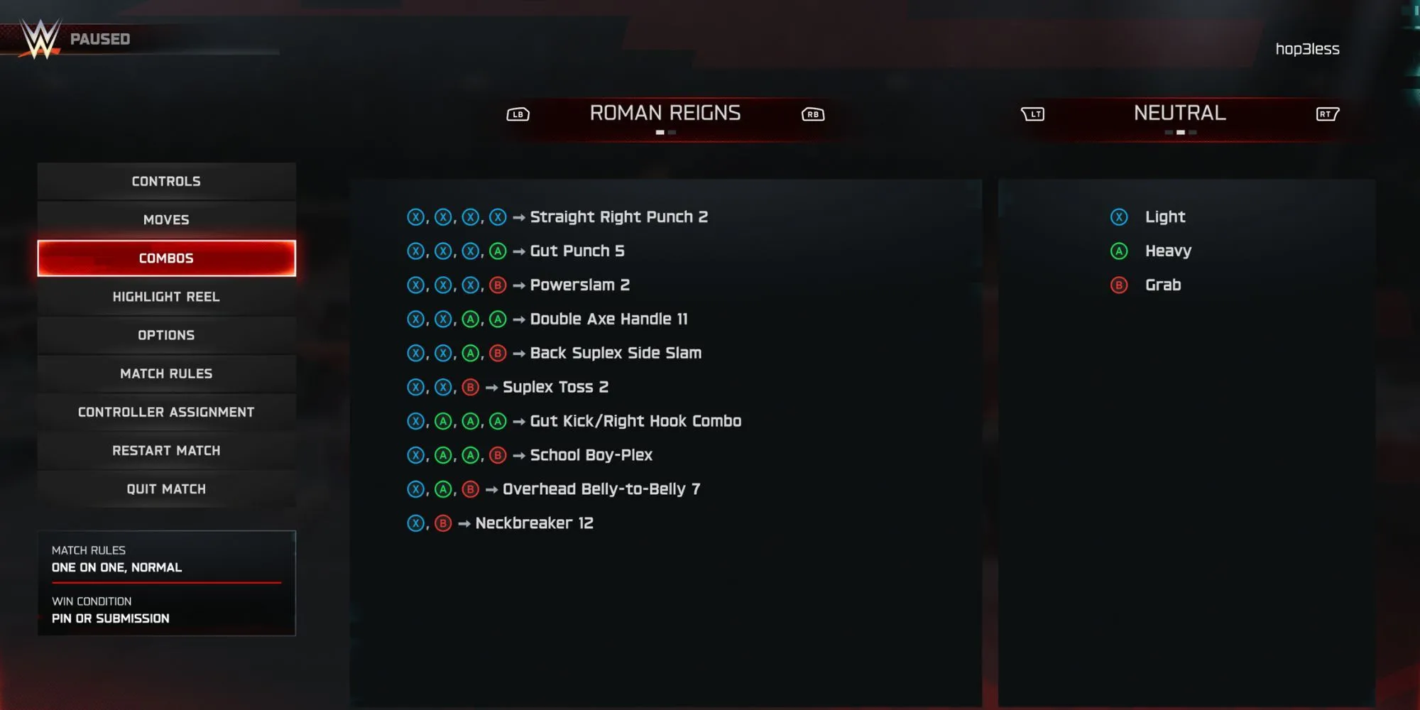 Bảng combo của Roman Reigns trong WWE 2K25 thể hiện phong cách mạnh mẽ