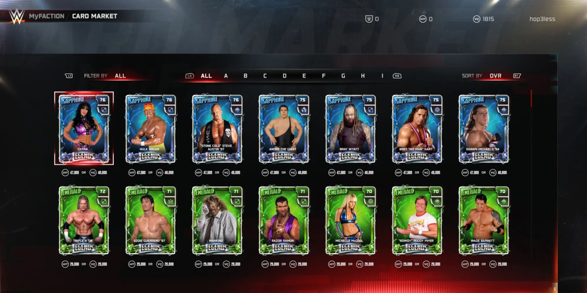 Bộ sưu tập các thẻ bài đô vật có thể mua bằng VC trong MyFACTION WWE 2K25