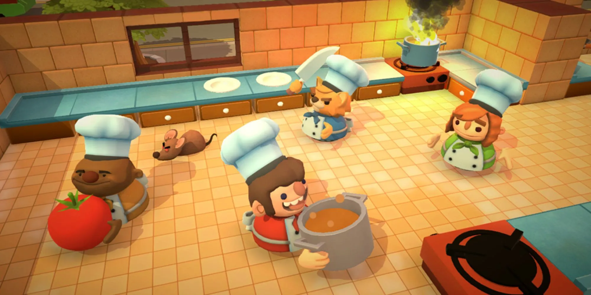 Các đầu bếp hoạt hình đang nấu ăn trong một nhà bếp hỗn loạn của game Overcooked 2