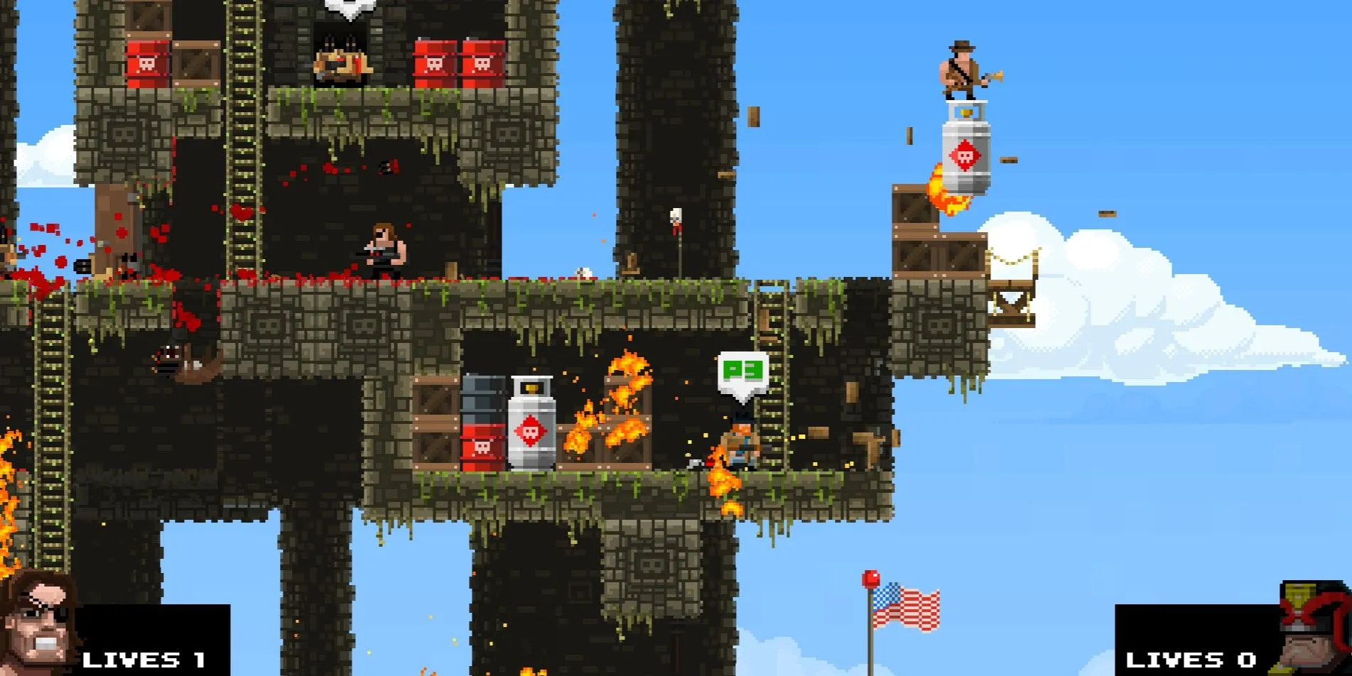Các nhân vật Broforce chiến đấu trong môi trường có thể phá hủy