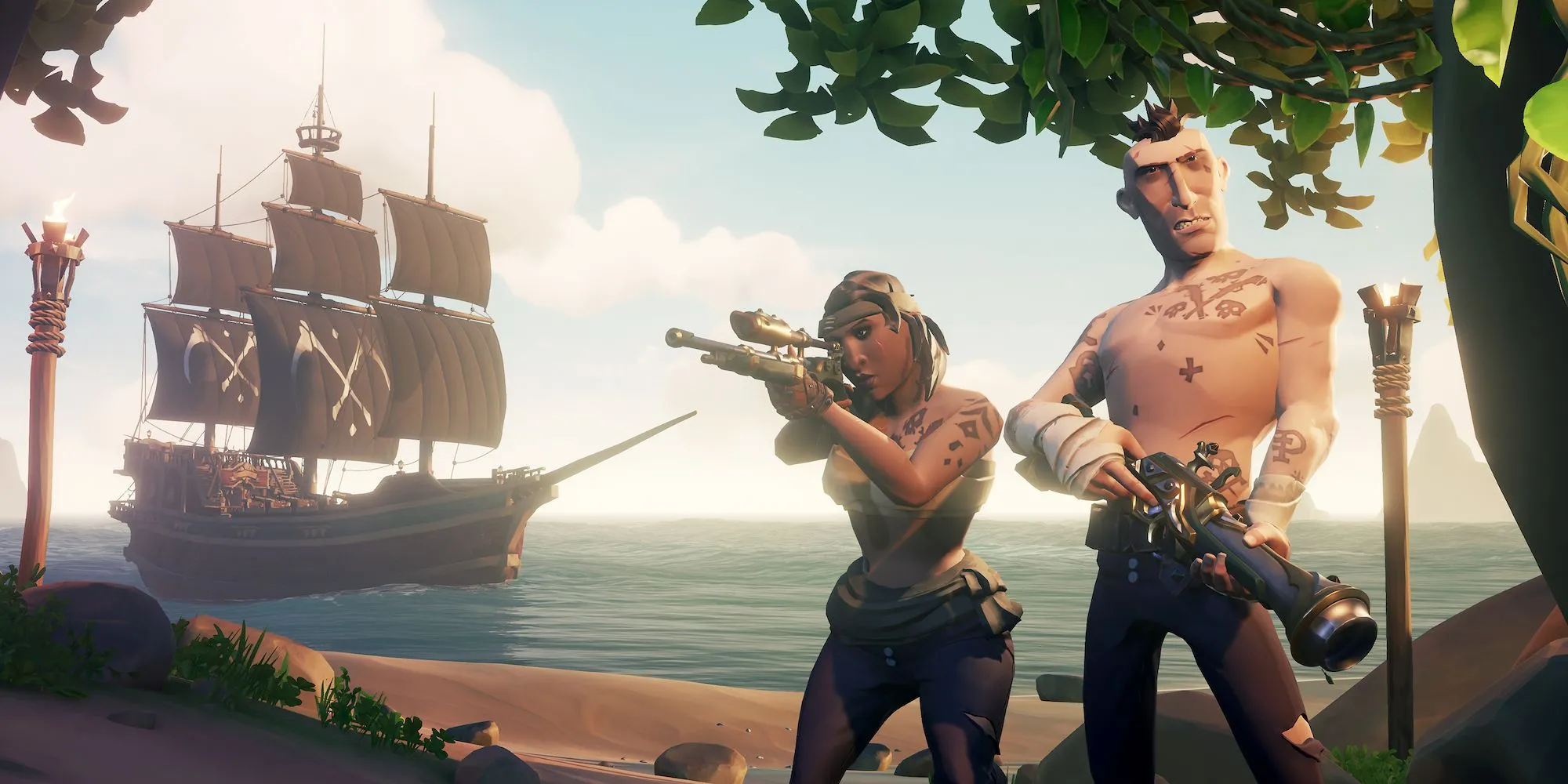Các nhân vật cướp biển trong Sea of Thieves đang nhắm bắn trên thuyền