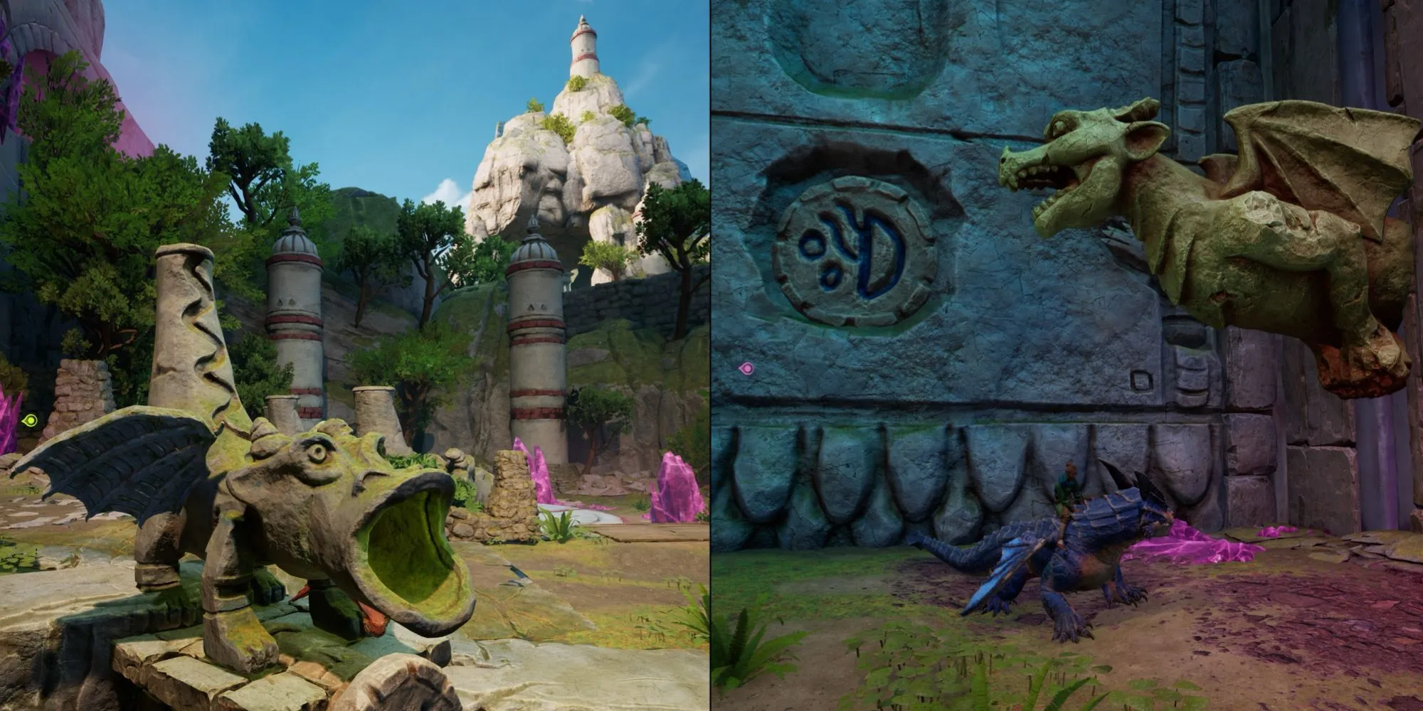 Cận cảnh các biểu tượng trên cánh cửa đá và các bức tượng trong câu đố Rise Of The Dragon Realm game Split Fiction