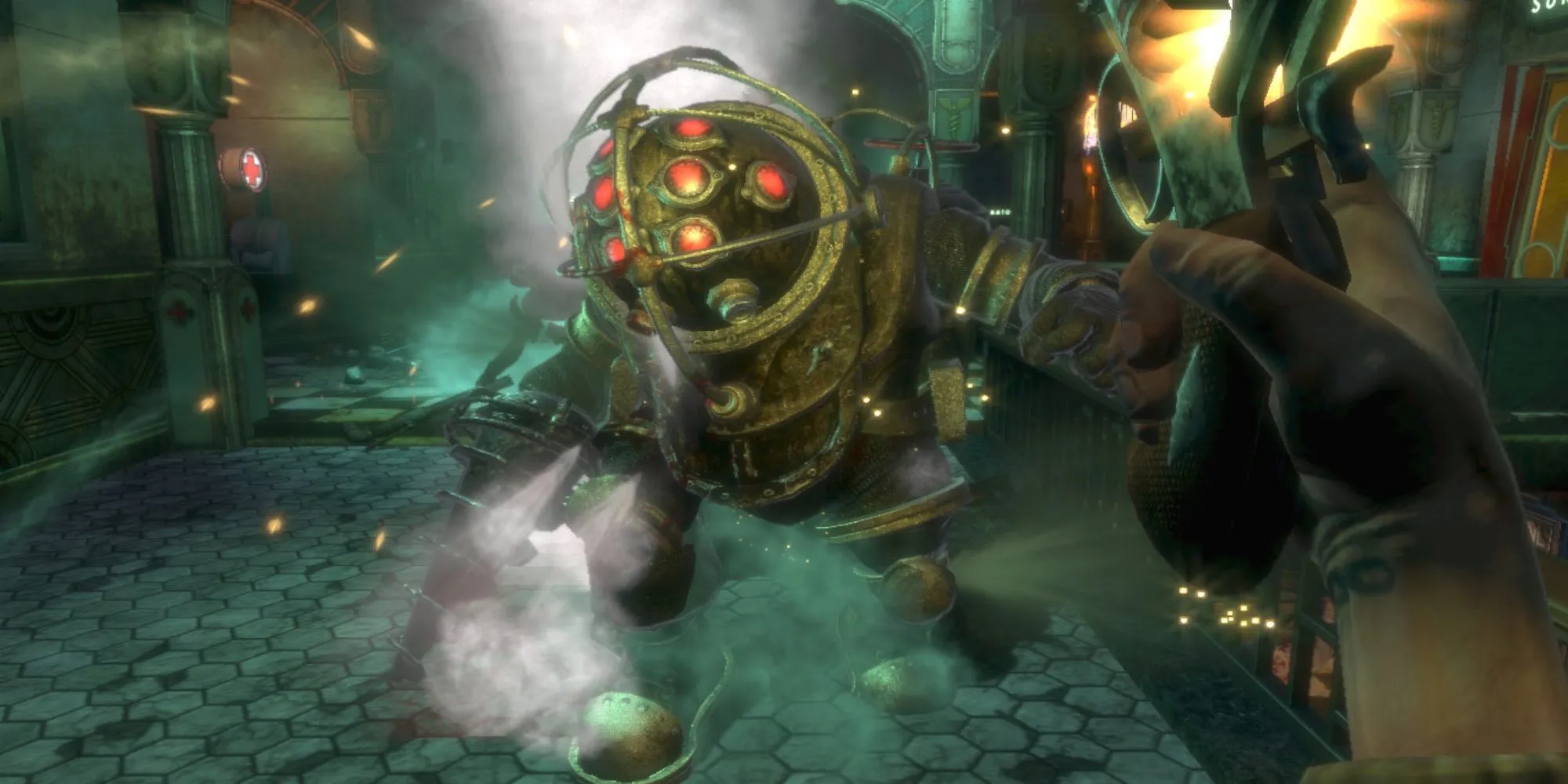 Cảnh chiến đấu trong BioShock với một Big Daddy