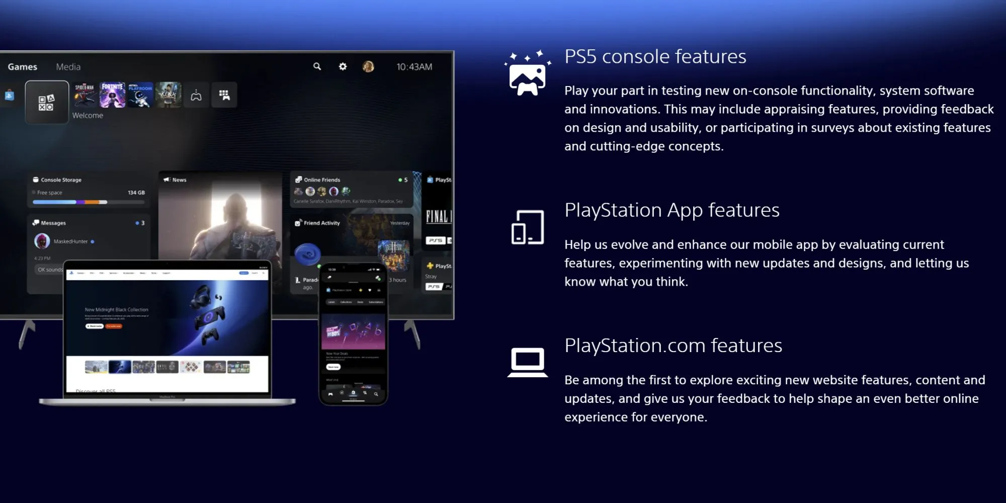 Chi tiết chương trình PlayStation Beta với logo PlayStation và các biểu tượng tính năng được thử nghiệm