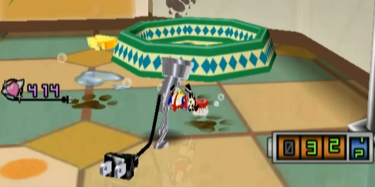 Chibi-Robo đang lau dọn bằng bàn chải đánh răng trong game Chibi-Robo! Plug into Adventure!