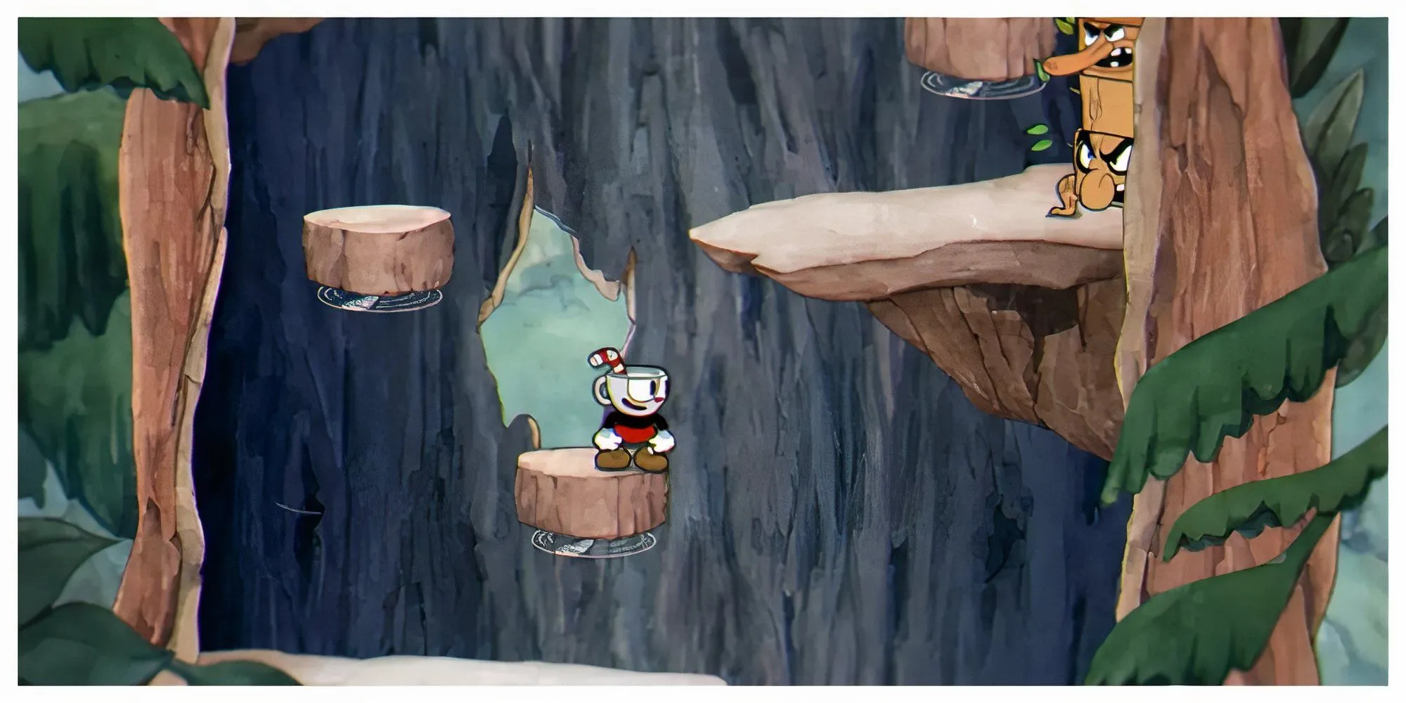 Cuphead và Mugman trong trận đấu trùm đầy màu sắc và hoạt hình cổ điển