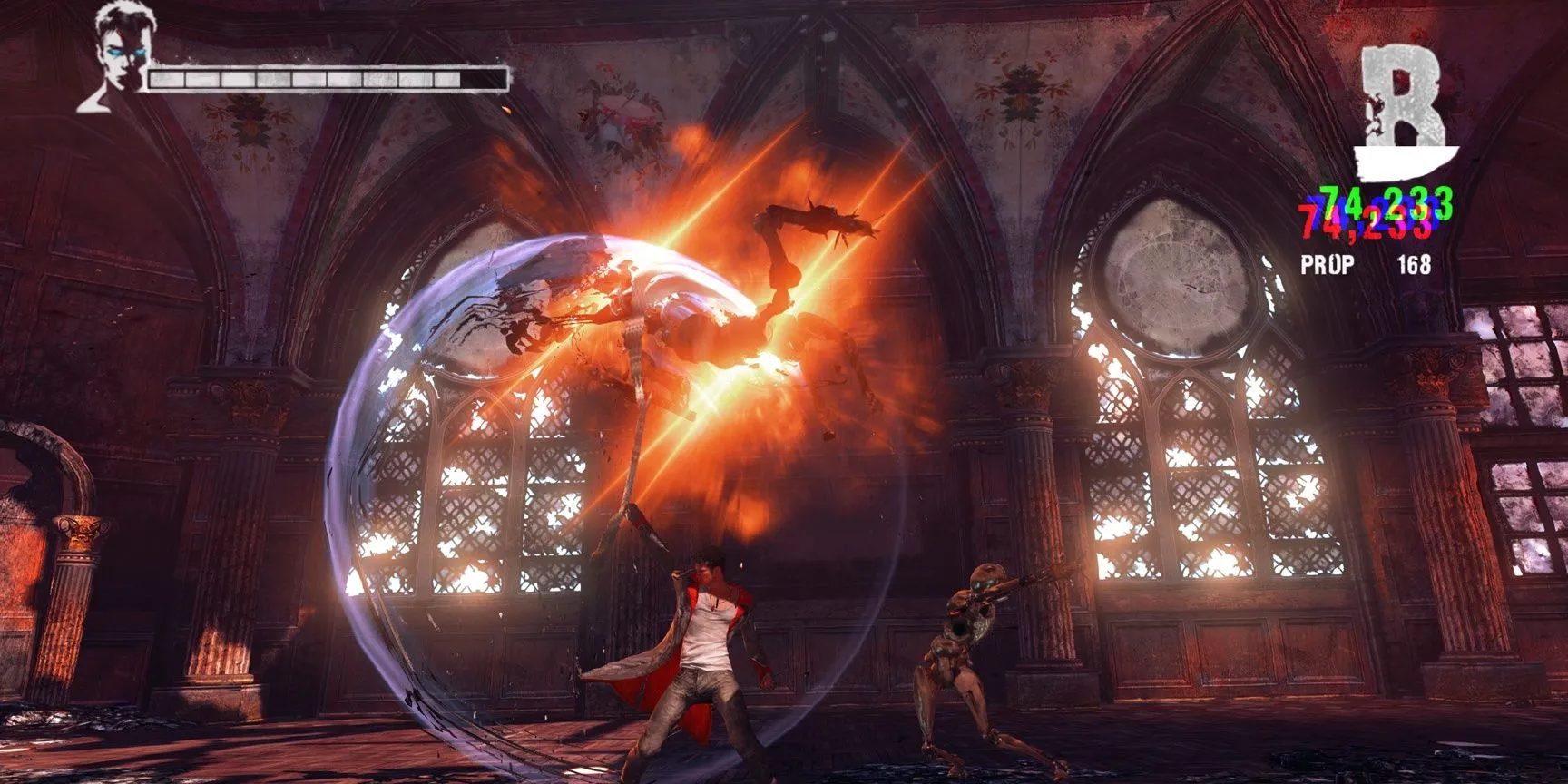 Dante phiên bản reboot thực hiện kỹ năng Prop Shredder trong DmC Devil May Cry