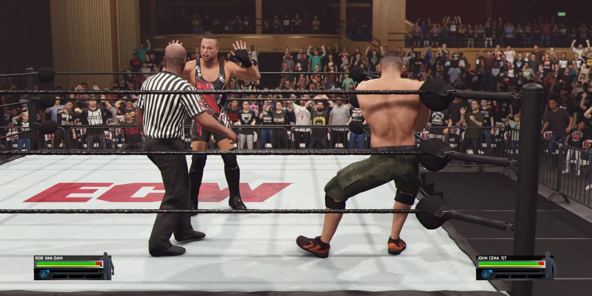 Đô vật RVD thực hiện một đòn đánh lén sau khi thắng chain wrestling trong WWE 2K25.