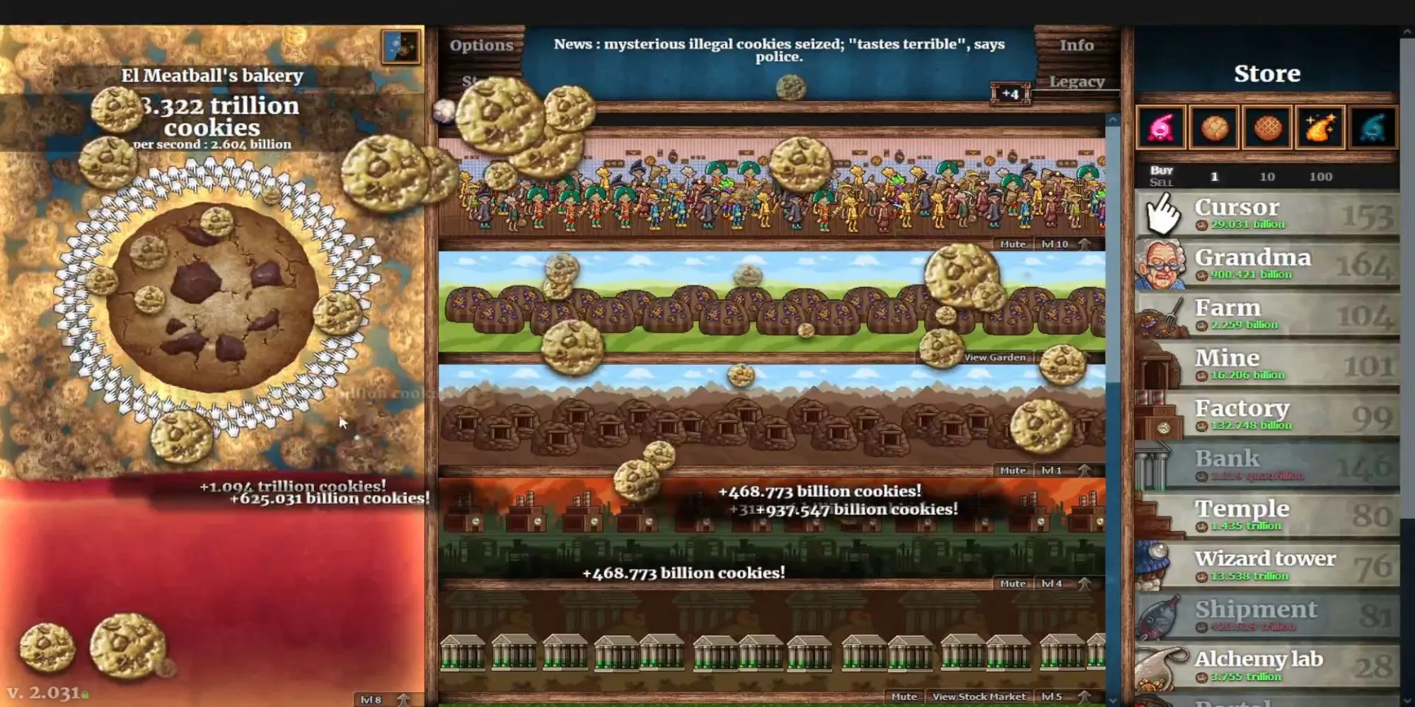 Gameplay của Cookie Clicker trên Steam với giao diện click chuột và các nâng cấp