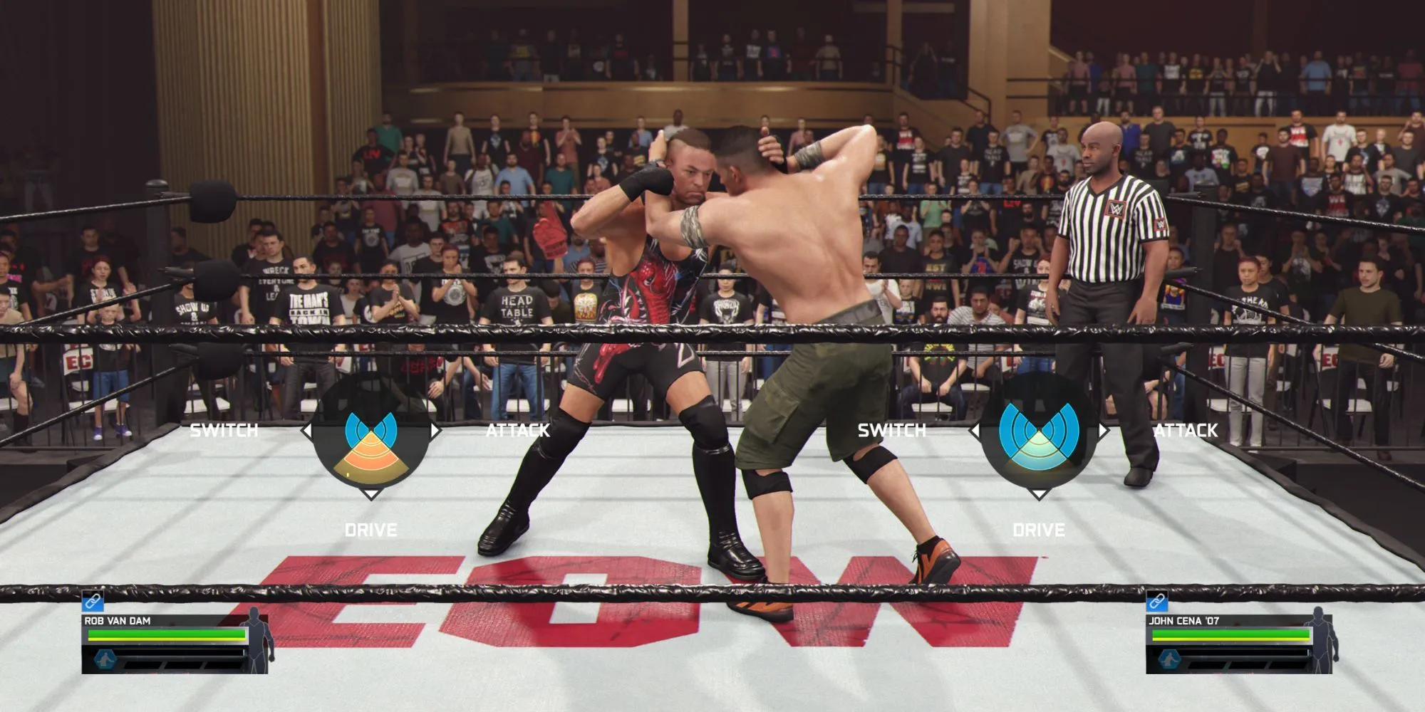 Giao diện lựa chọn các thế đánh hấp dẫn trong chain wrestling WWE 2K25 như đẩy, đổi vị trí, siết hoặc tấn công.