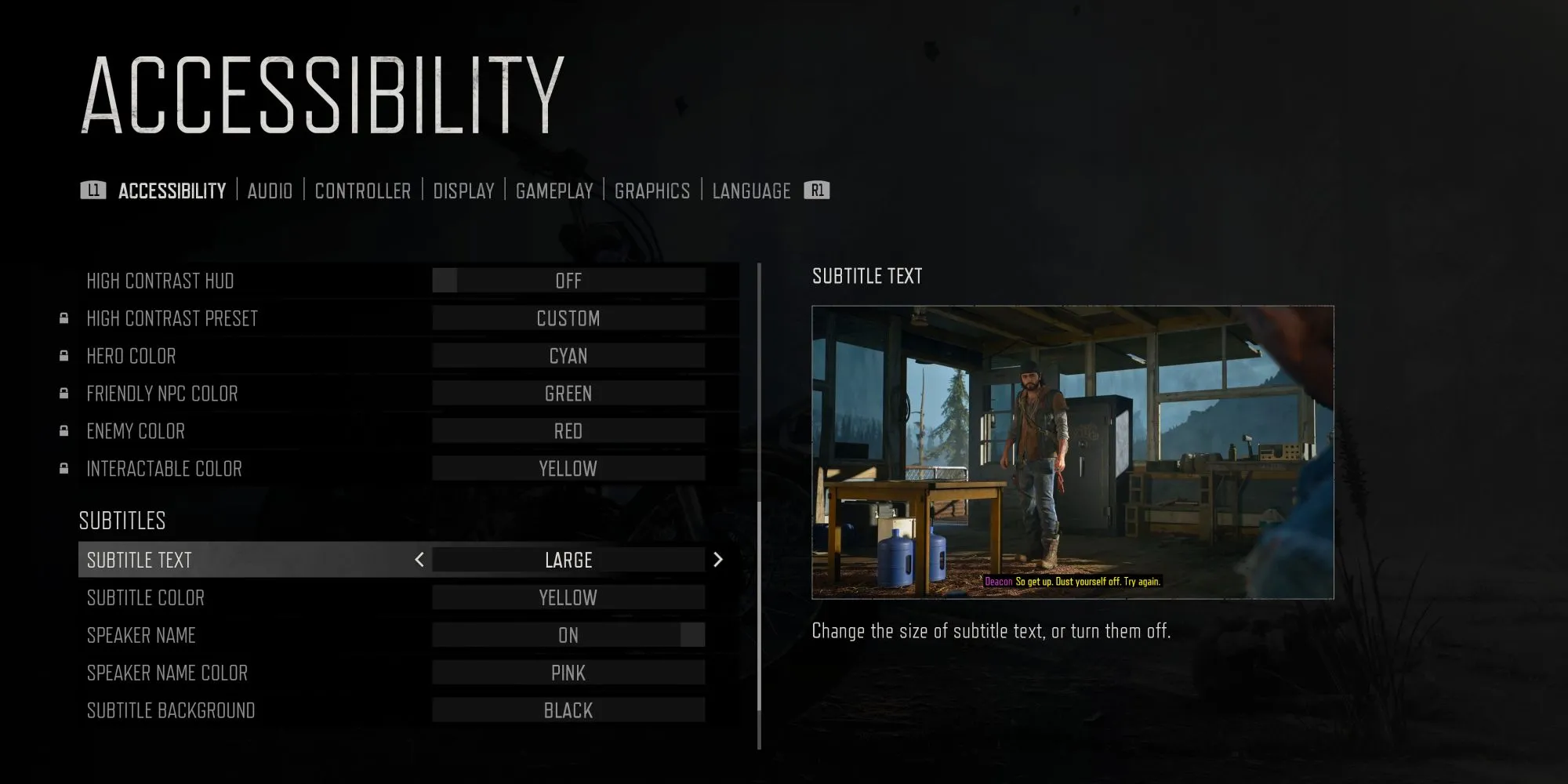 Giao diện menu tùy chọn trợ năng trong Days Gone Remastered