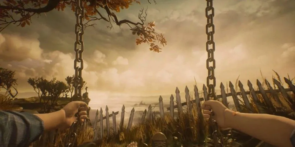 Góc nhìn người thứ nhất từ xích đu nhìn ra hàng rào gãy trong What Remains of Edith Finch