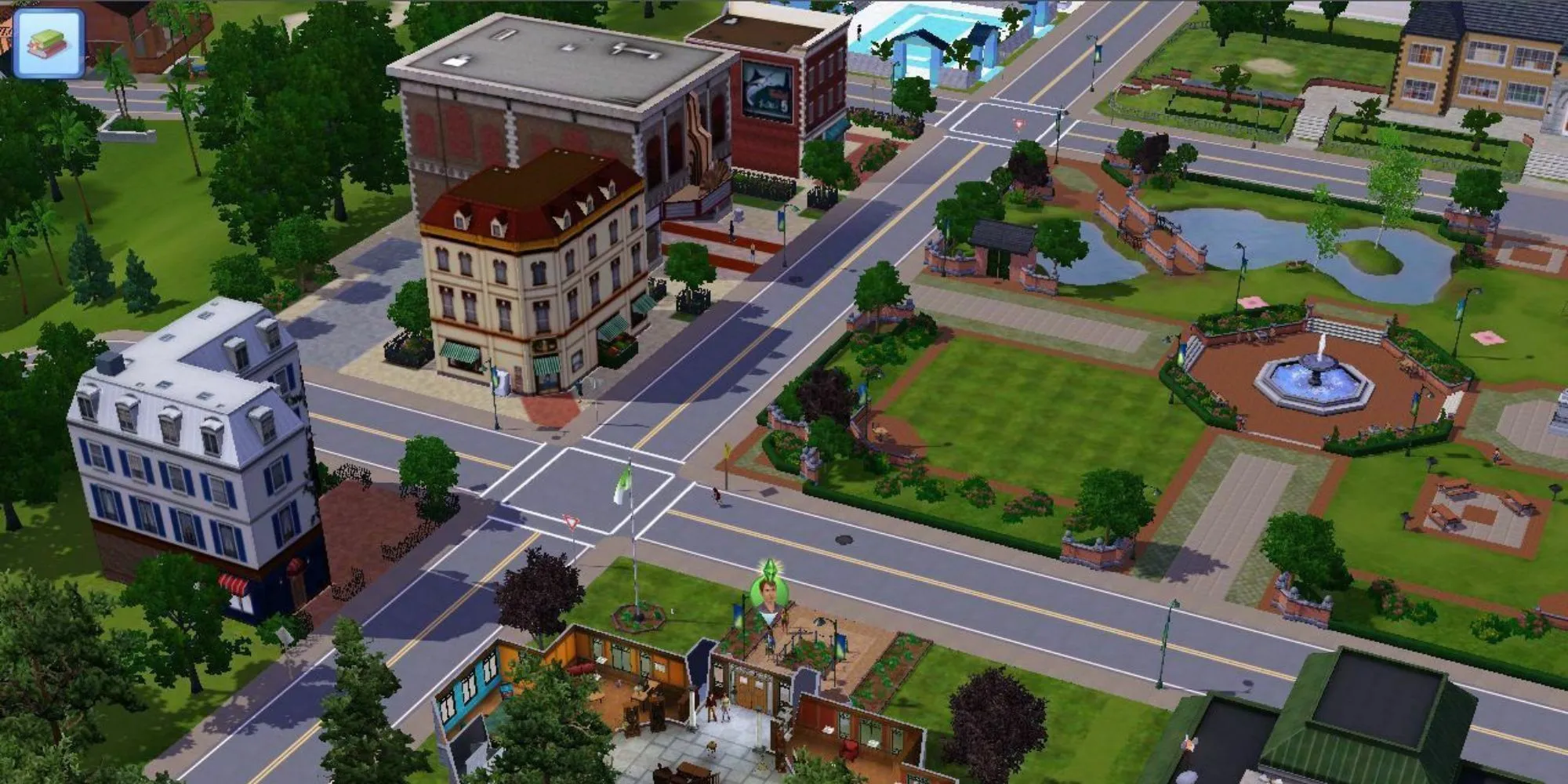 Góc nhìn toàn cảnh một thị trấn trong The Sims 3 với Sim của người chơi được làm nổi bật ở gần giữa dưới. Có nhiều tòa nhà, công viên, đài phun nước, cây cầu bắc qua ao và nhiều con đường.