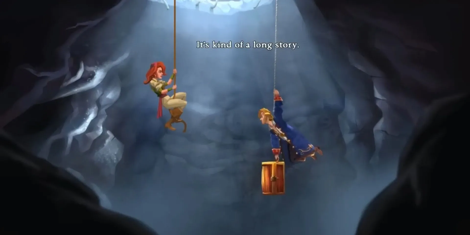 Guybrush và Elaine treo mình trên dây trong Monkey Island 2, mở đầu cho một câu chuyện hài hước