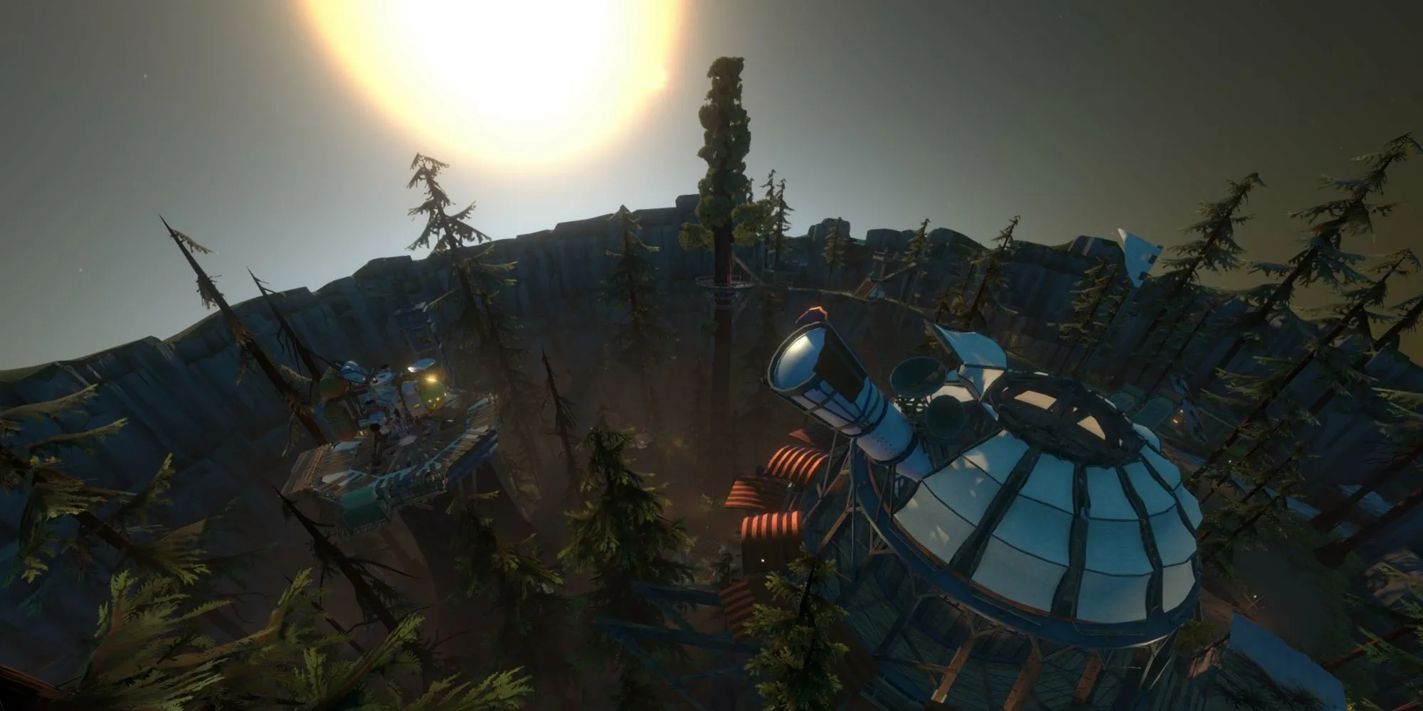 Hành tinh khởi đầu trong Outer Wilds với phi thuyền và lửa trại