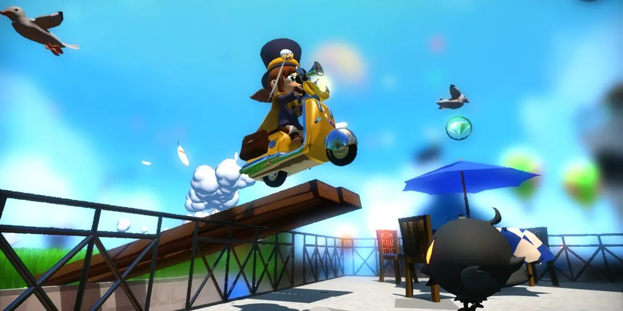 Hat Kid lái xe scooter trong game platformer 3D A Hat in Time