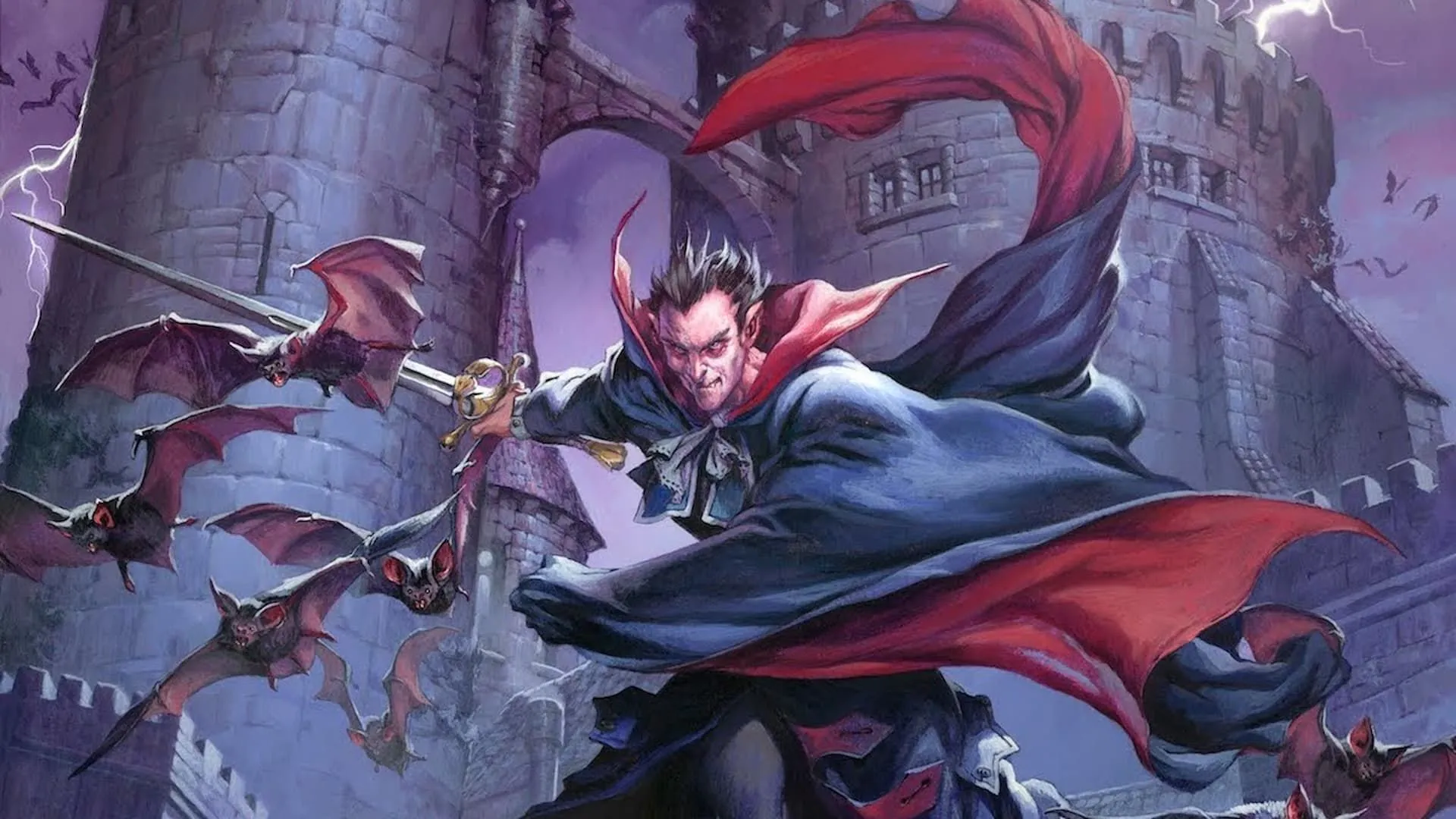 Hình ảnh lâu đài Ravenloft và Bá tước Strahd von Zarovich, một nhân vật D&amp;D không có trong SRD 5.2 do vấn đề bản quyền.