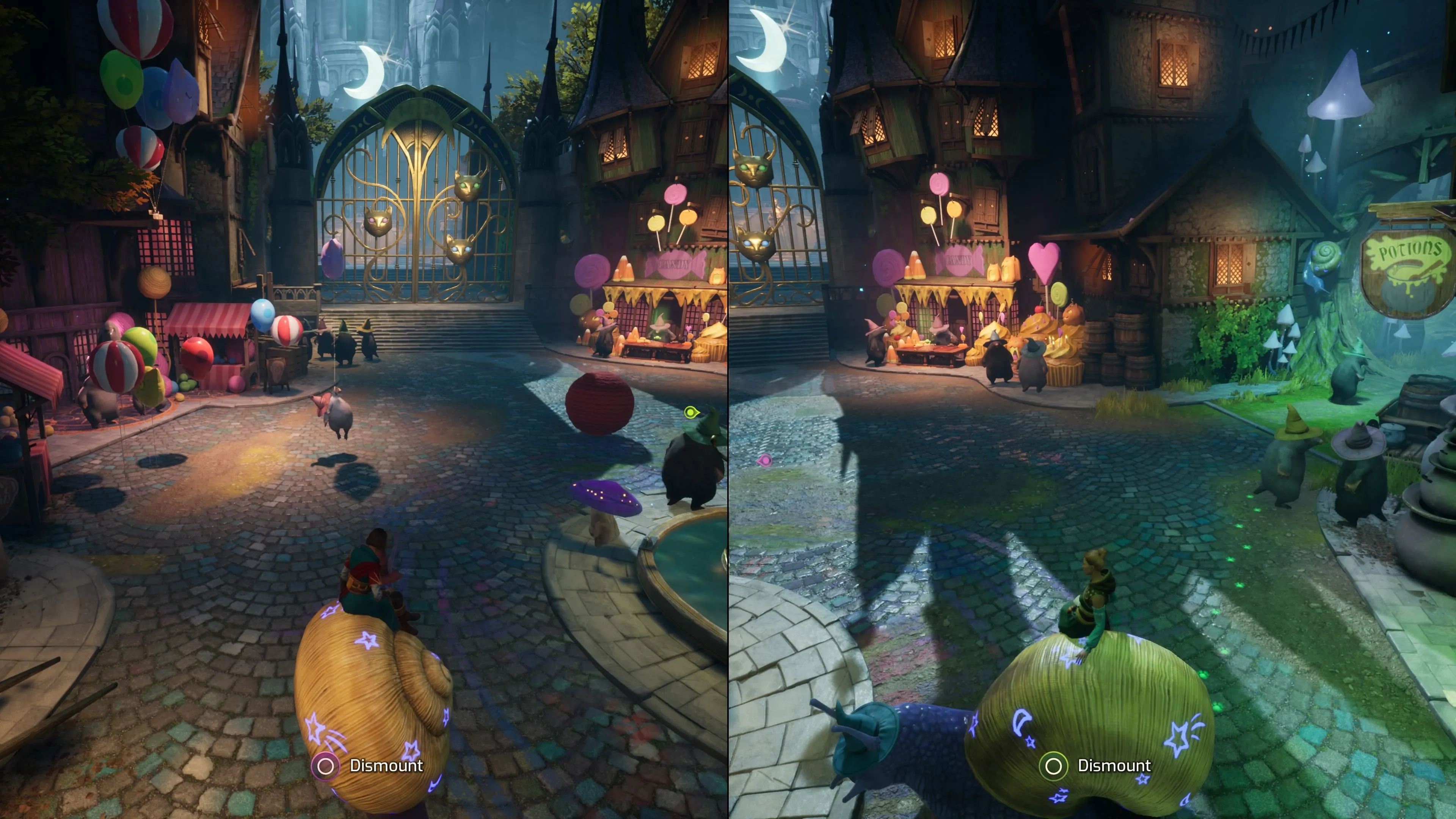 Hình ảnh người chơi cưỡi ốc sên khổng lồ tại Chợ Mặt Trăng (Moon Market) trong game Split Fiction