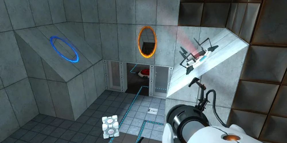 Hình ảnh nhân vật Chell trong game giải đố Portal đang sử dụng súng portal gun