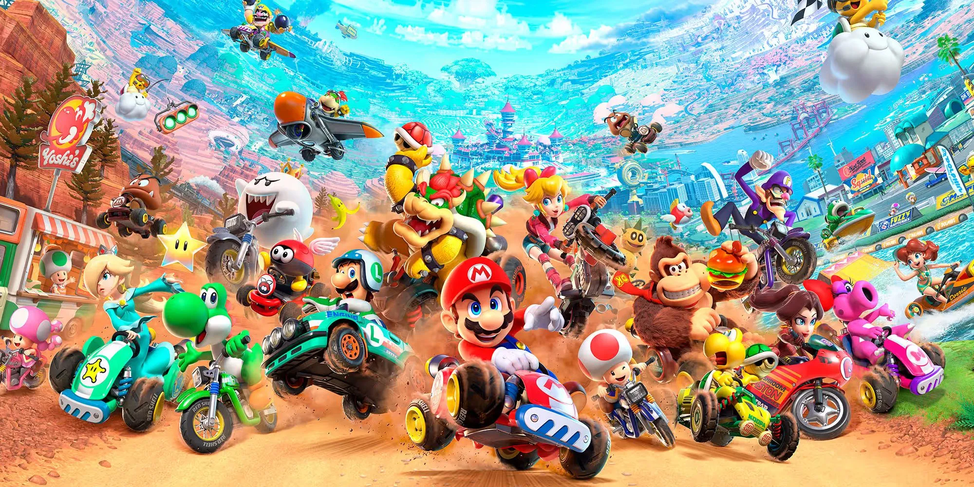 Hình ảnh quảng bá tất cả nhân vật trong Mario Kart World