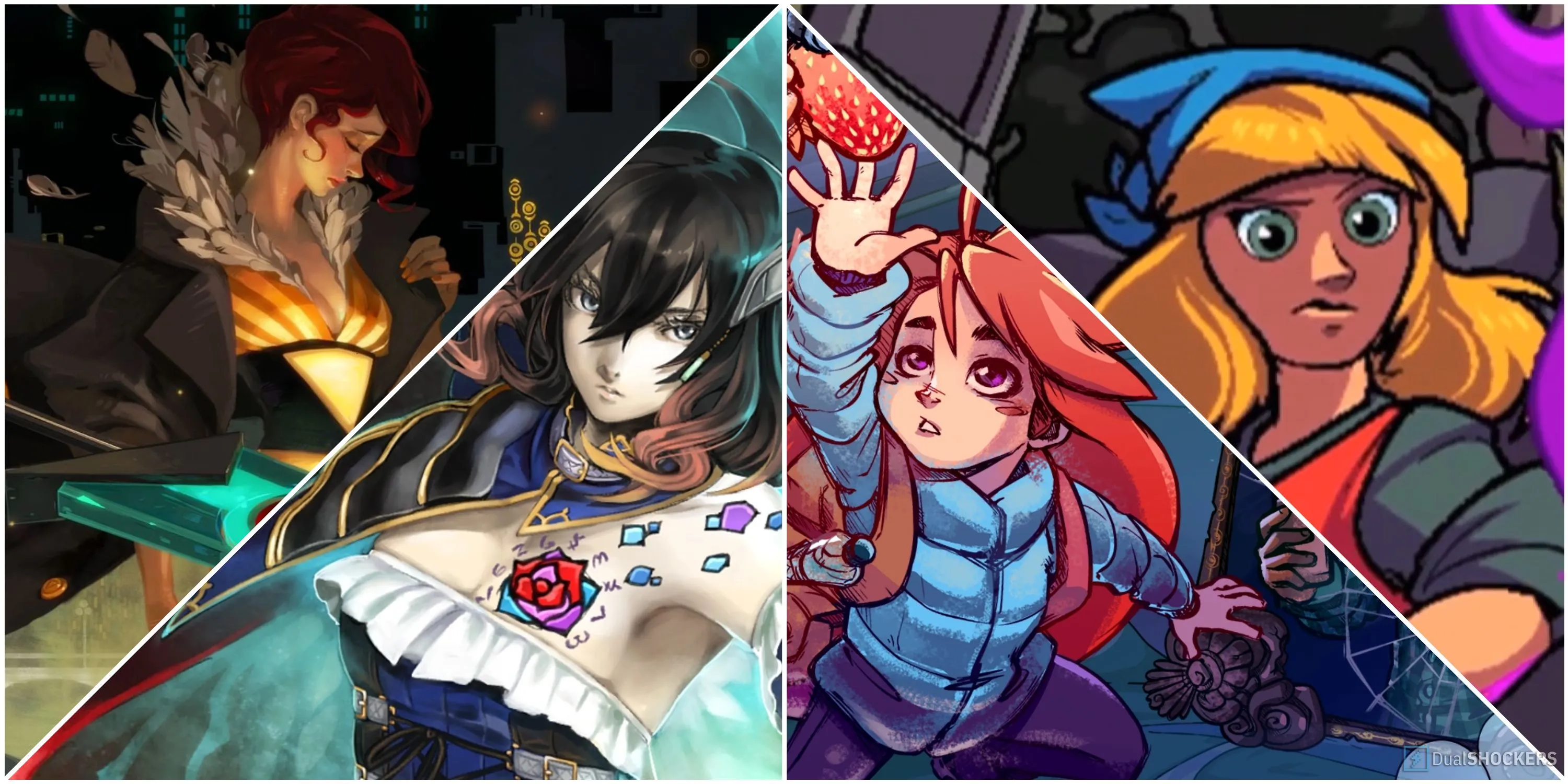 Hình ảnh tổng hợp các nữ anh hùng từ game indie như Transistor, Bloodstained, Celeste, và Crypt of the NecroDancer
