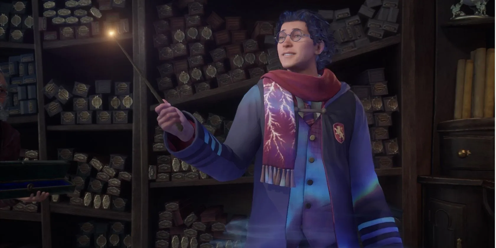 Học sinh Hogwarts Legacy cầm đũa phép chuẩn bị cho một thử thách phép thuật