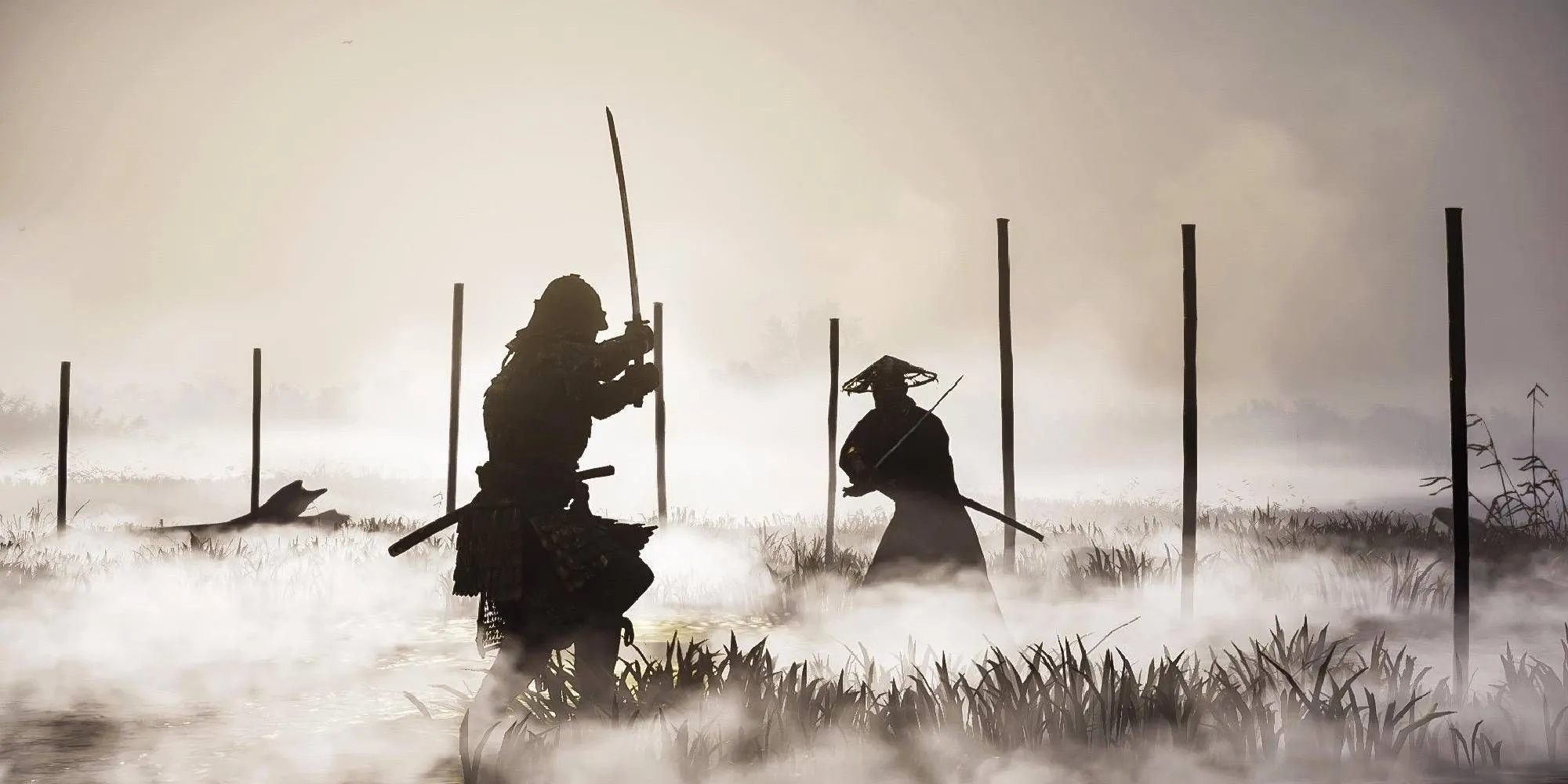 Jin Sakai trong một trận quyết đấu căng thẳng giữa đầm lầy trong Ghost of Tsushima