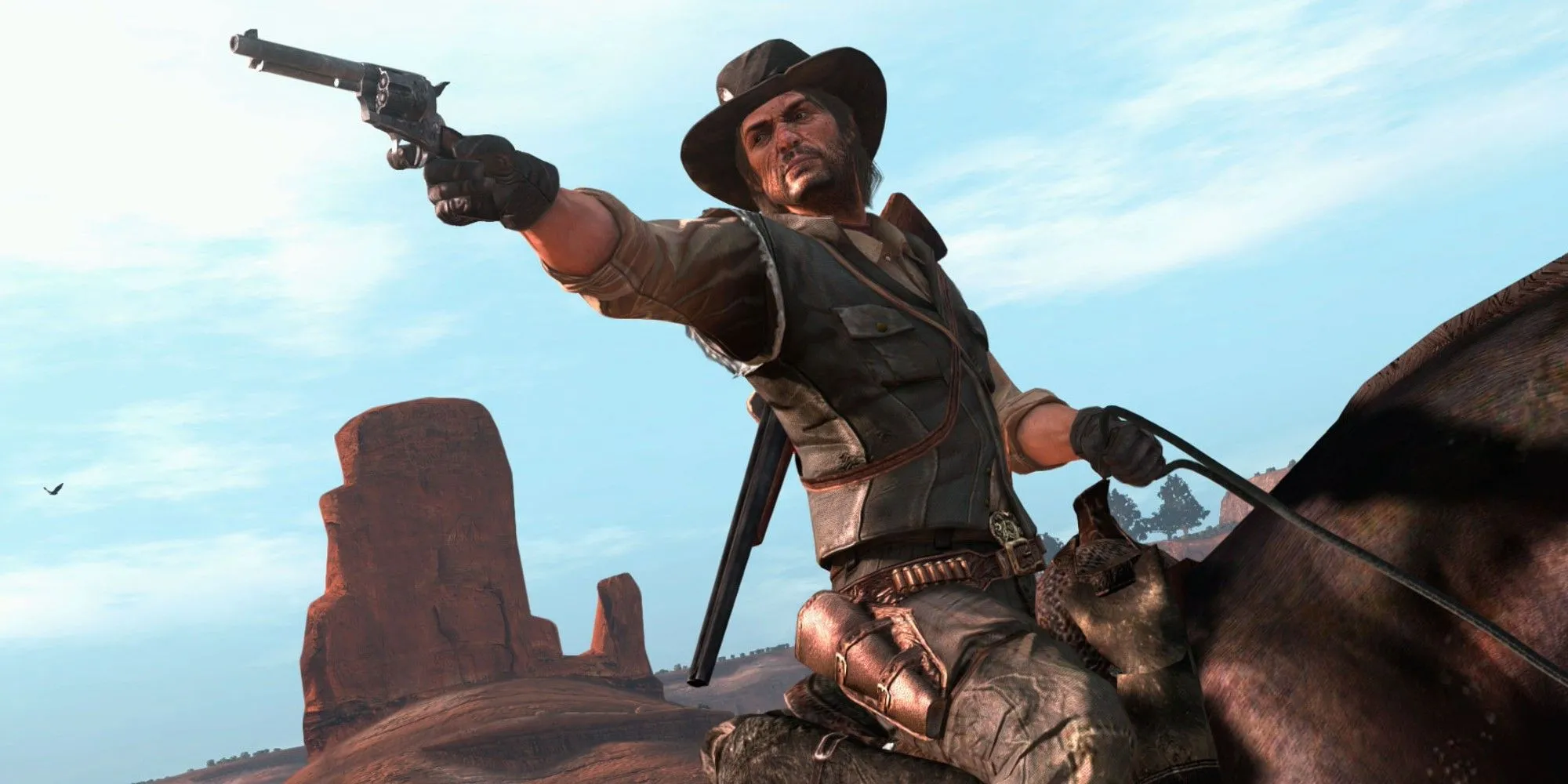 John Marston cưỡi ngựa trong bản port Red Dead Redemption trên Nintendo Switch với phong cảnh miền Tây hoang dã