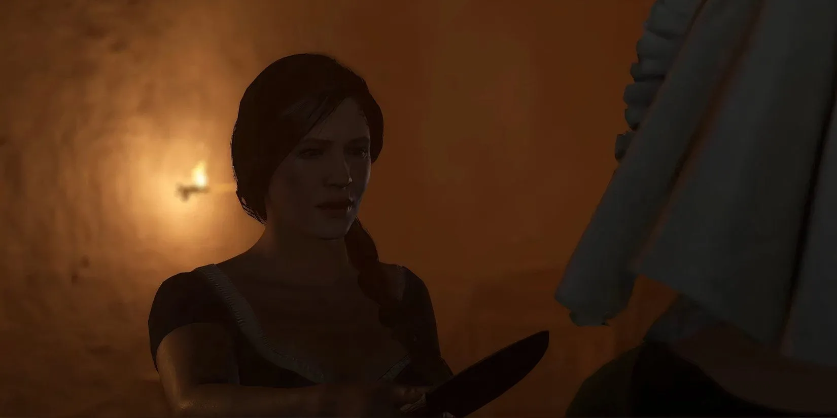 Katherine kề dao vào cổ một kẻ sát nhân trong đoạn cắt cảnh của nhiệm vụ The Fifth Commandment, Kingdom Come Deliverance 2
