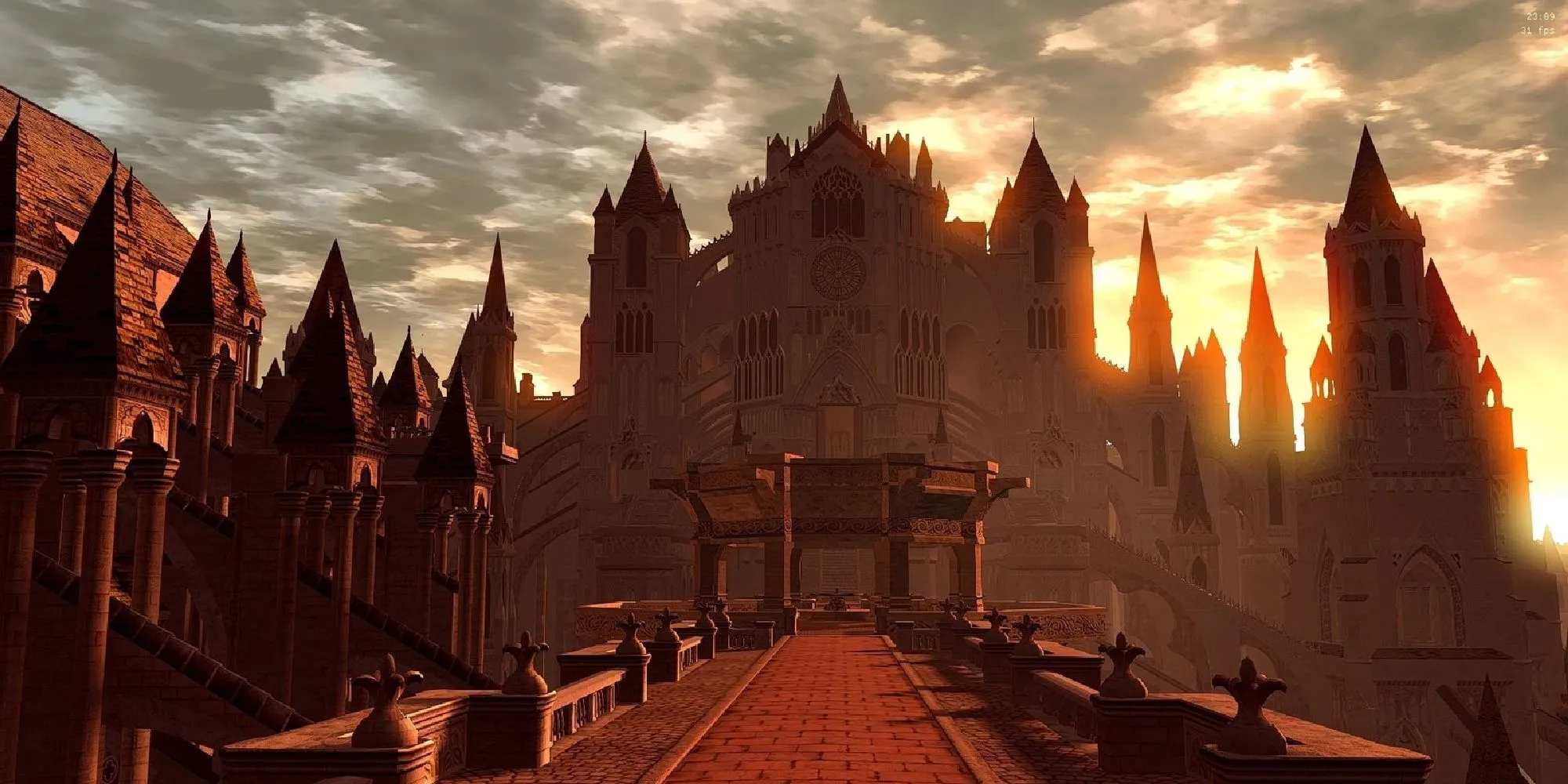 Khung cảnh Anor Londo tráng lệ trong Dark Souls vào buổi hoàng hôn