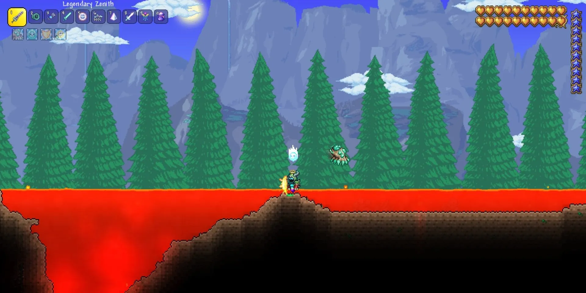 Khung cảnh dung nham chảy trên bề mặt trong thế giới Terraria, thể hiện sự đa dạng và đôi khi hỗn loạn của các yếu tố đồ họa.