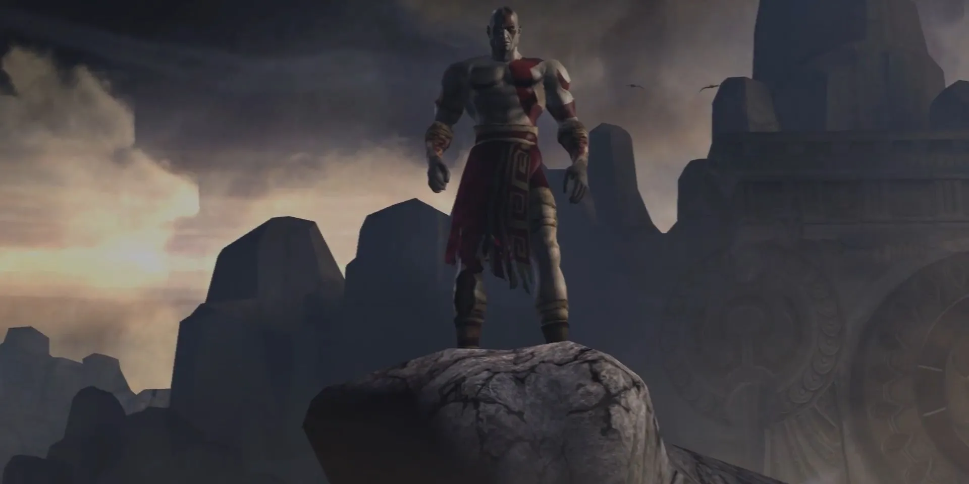 Kratos đứng trên vách đá nhìn xuống biển trong God of War 2005, một khoảnh khắc trầm lắng mở đầu game