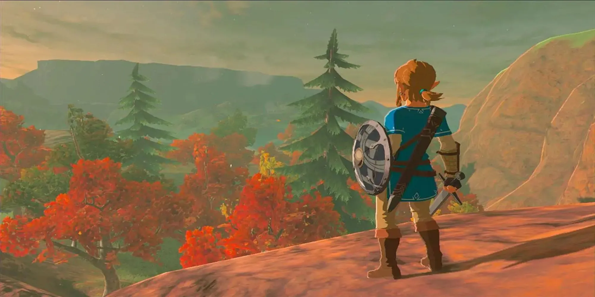 Link nhìn ra vực từ một vách đá trong The Legend of Zelda Breath of the Wild
