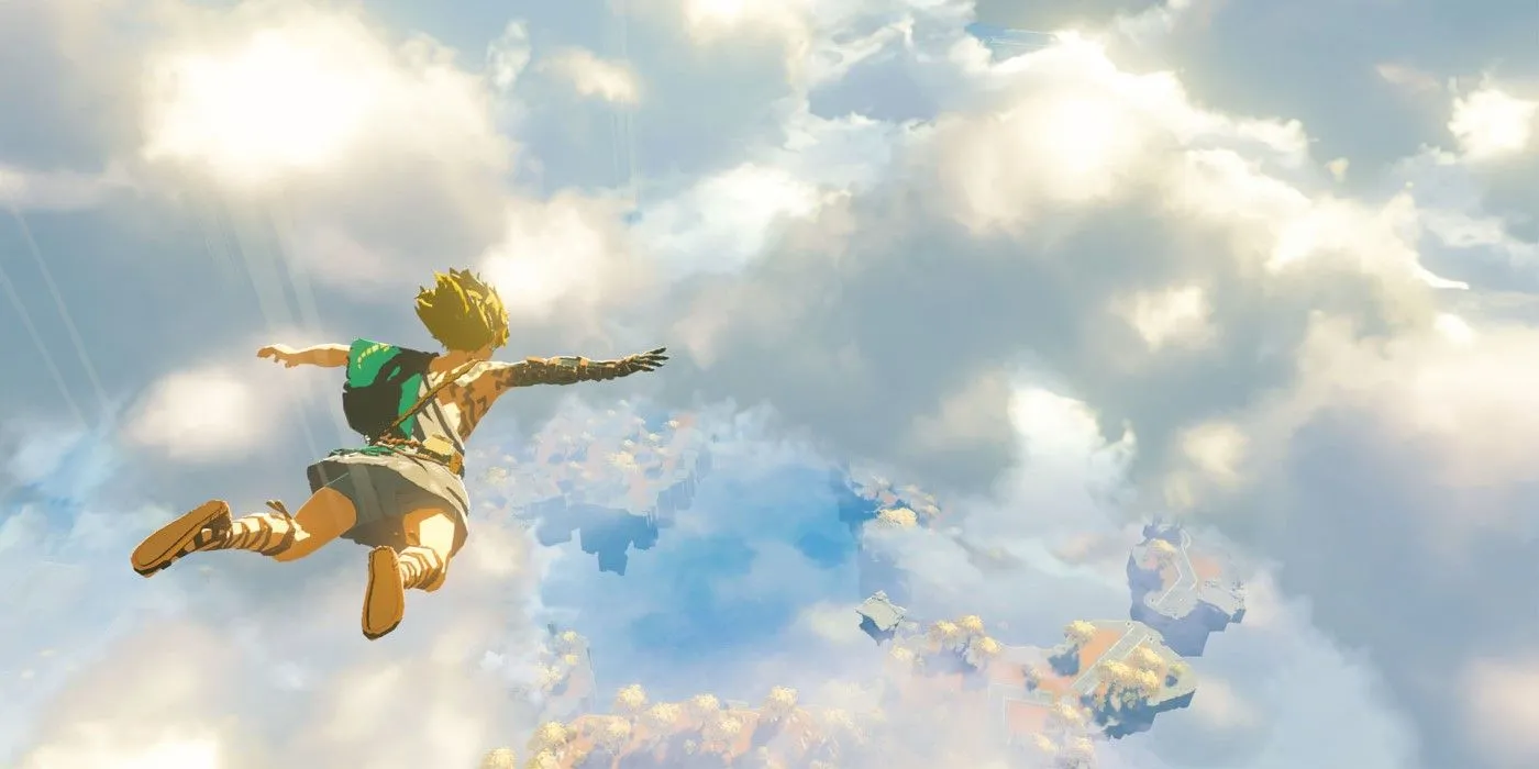 Link rơi từ các hòn đảo trên trời xuống Hyrule trong The Legend of Zelda: Tears of the Kingdom.