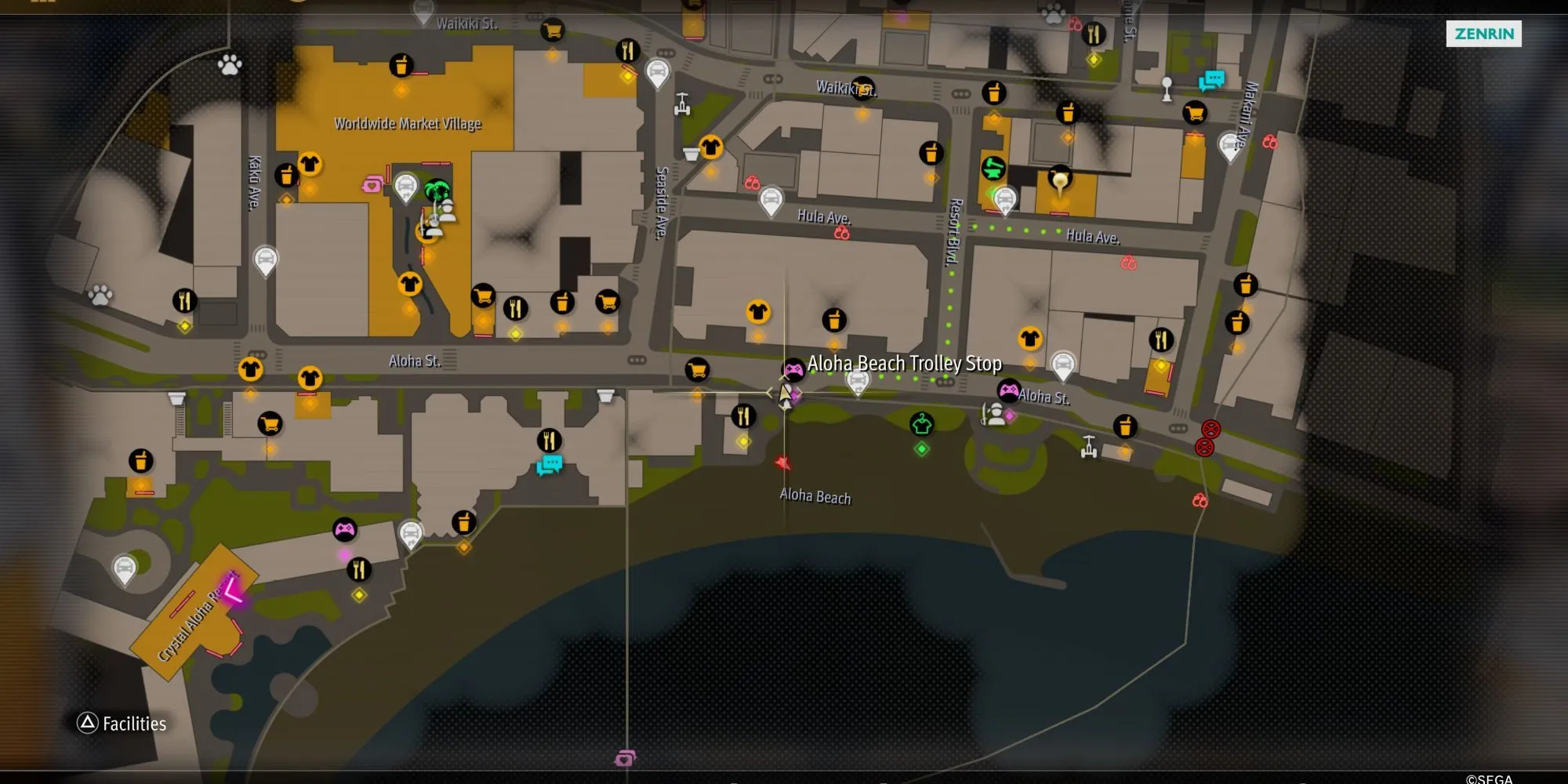 Majima đứng tại trạm xe điện Aloha Beach ở East Waikiki, Honolulu, điểm bắt đầu substory mở khóa Sicko Snap trong Like a Dragon: Pirate Yakuza in Hawaii.