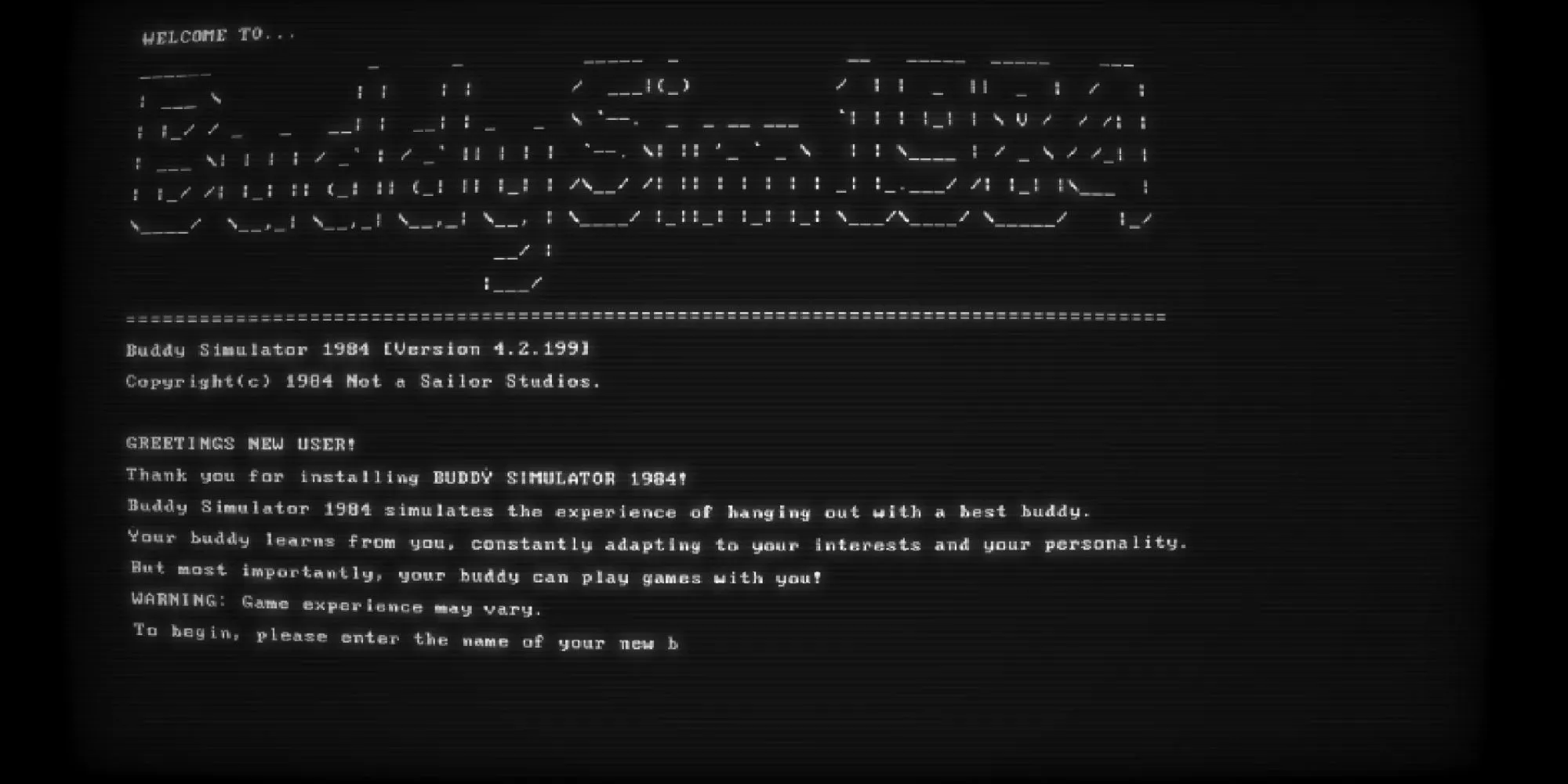 Màn hình chính của game Buddy Simulator 1984 với phong cách đồ họa pixel art