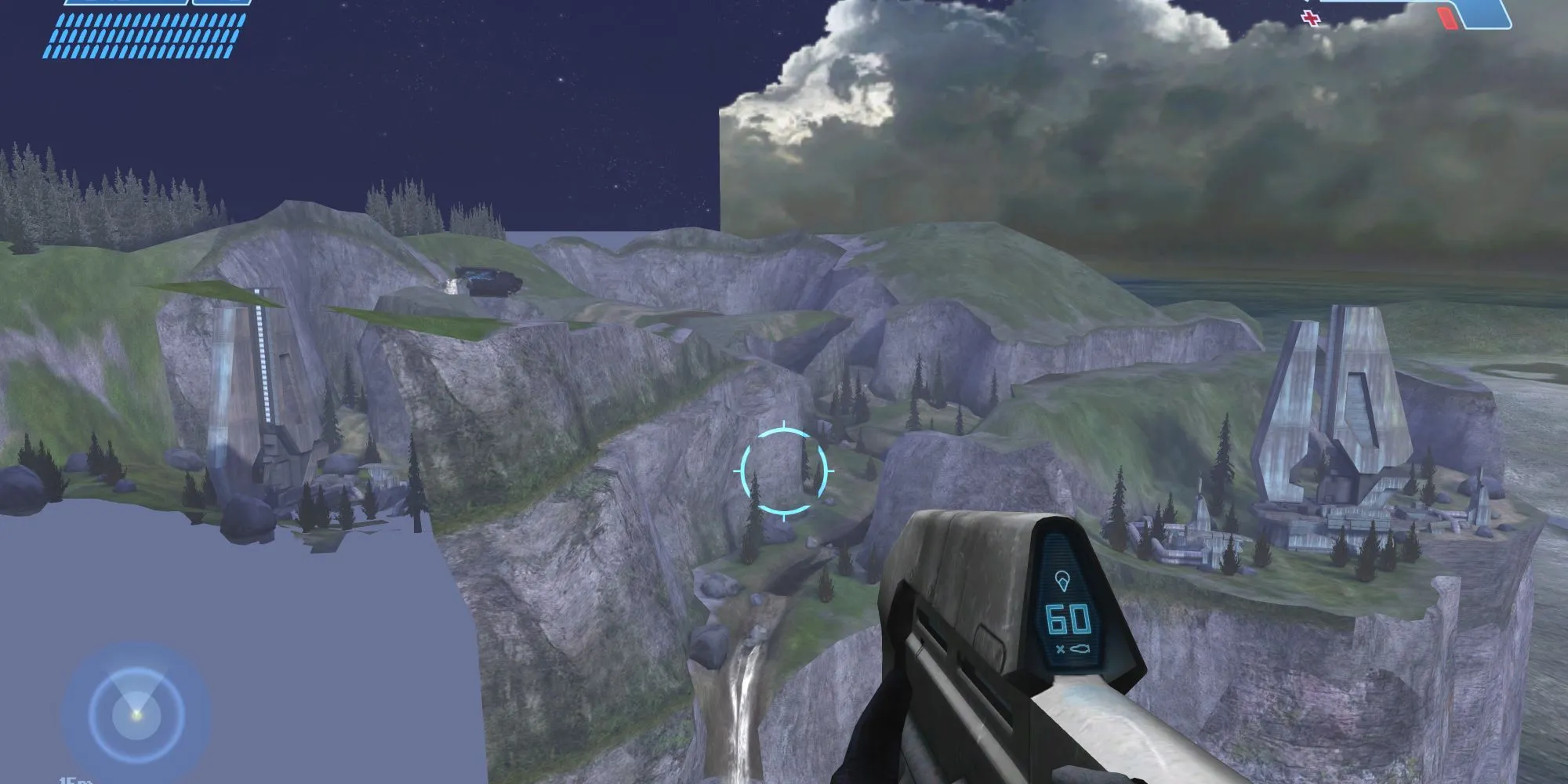 Master Chief trong Halo Master Chief Collection nhìn xuyên bản đồ khi đang bay với Acrophobia Skull