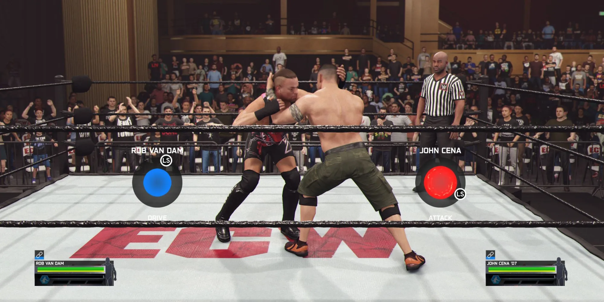 Minigame chain wrestling trong WWE 2K25 yêu cầu xoay joystick để tìm điểm phản hồi và hoàn thành đòn.