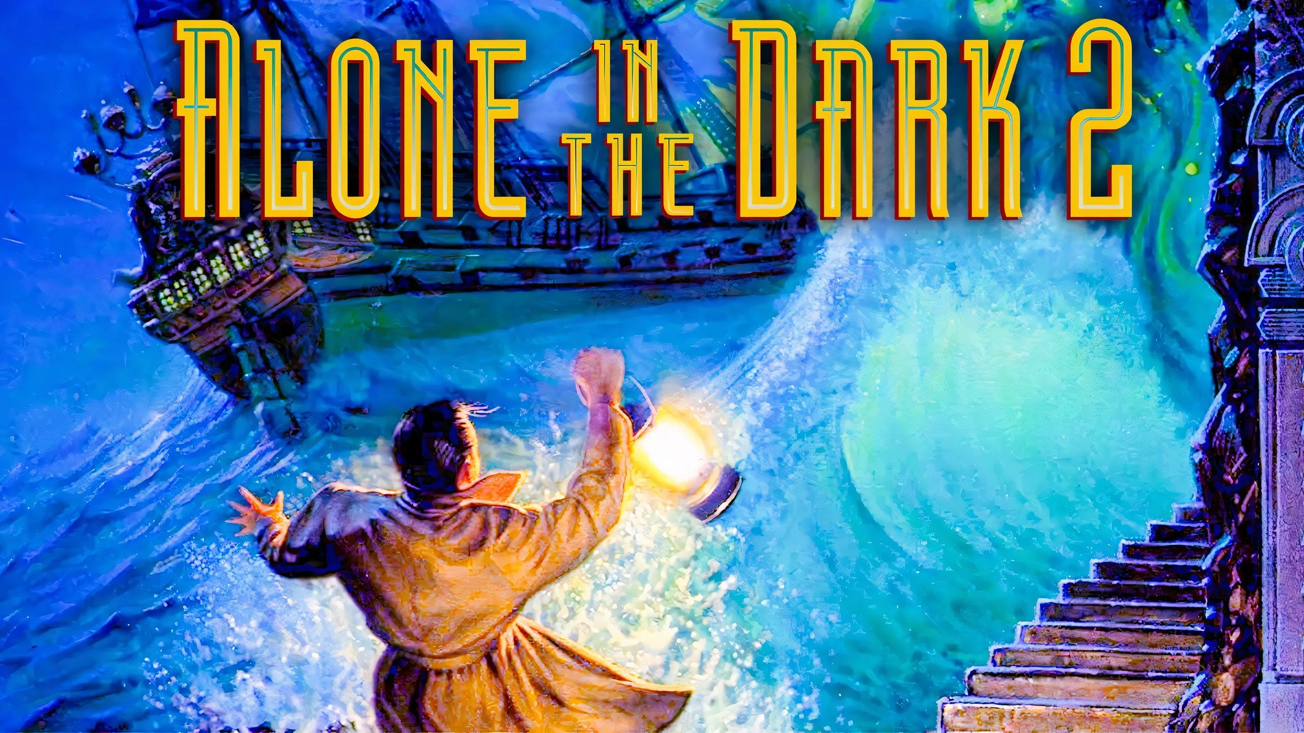 Một cảnh trong game Alone in the Dark 2 với nhân vật chính Edward Carnby thám hiểm một căn phòng cổ điển