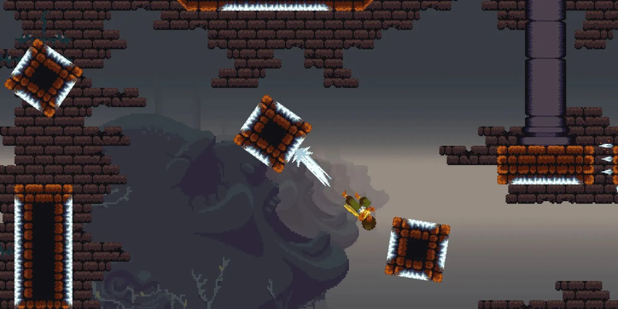 Một cảnh trong game Dandara cho thấy nhân vật di chuyển giữa các bề mặt bằng kỹ năng độc đáo.