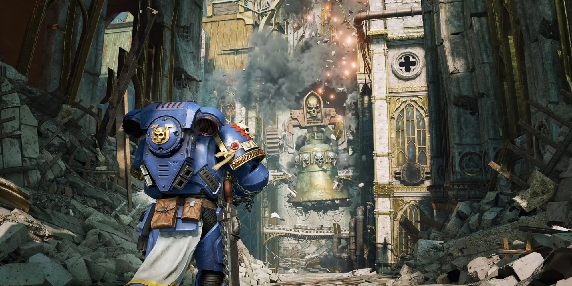 Một chiến binh Space Marine dũng mãnh trong Warhammer 40,000: Space Marine 2 đang đối đầu với kẻ thù, thể hiện không khí chiến đấu ác liệt của trò chơi.