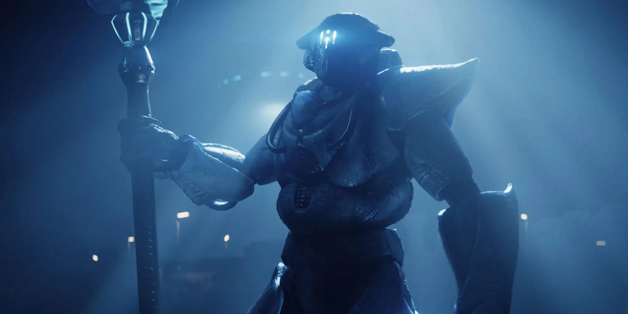 Một Helldiver đối mặt với công trình hoặc công nghệ của phe Illuminate trong Helldivers 2.
