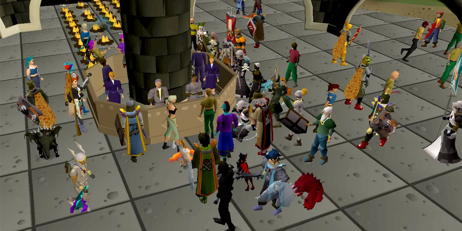 Một khu vực đông đúc người chơi trong Old School RuneScape, cho thấy sự phổ biến của tựa game MMO này.