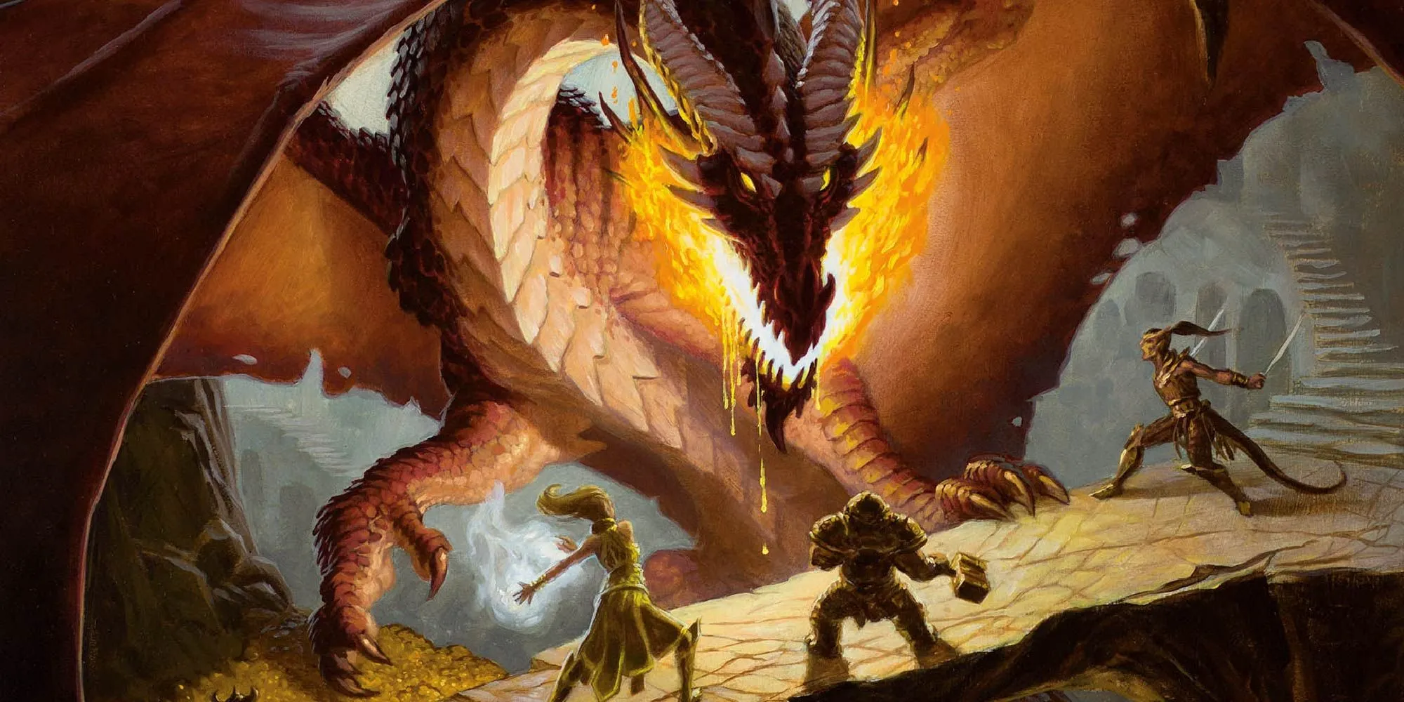 Một nhóm nhà thám hiểm đối đầu với một con rồng đỏ đáng sợ trong Dungeons and Dragons.