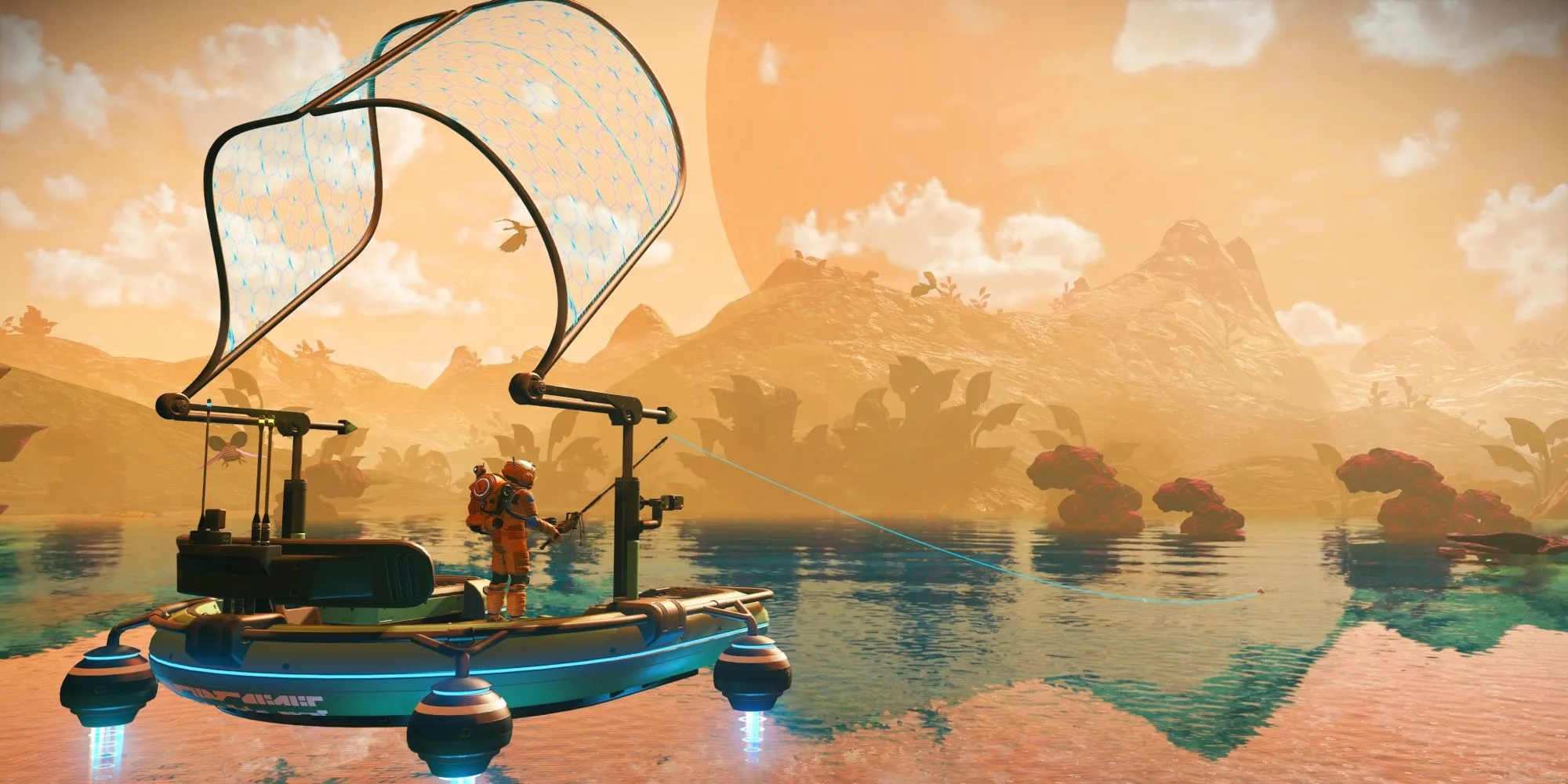 Một phi thuyền không gian khám phá hành tinh lạ trong No Man's Sky.