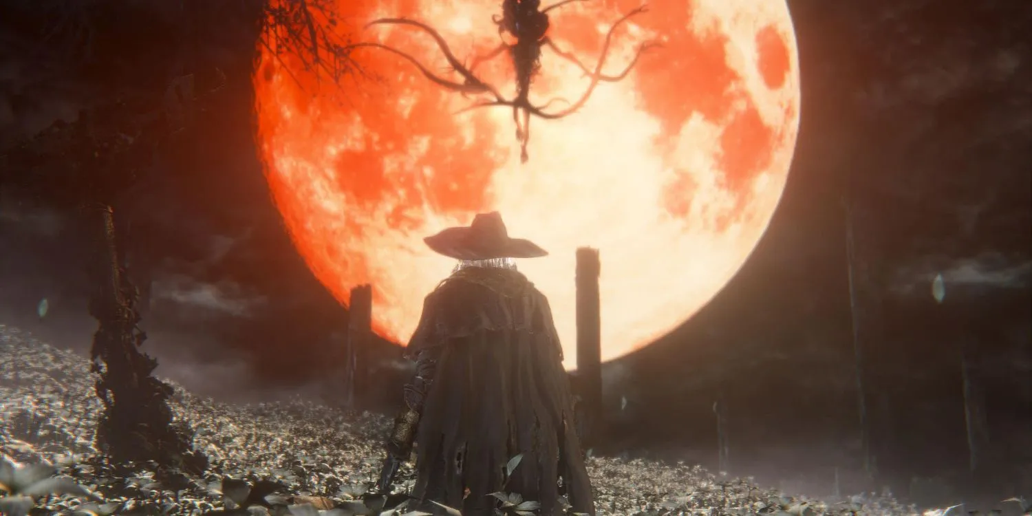 Một thợ săn trong Bloodborne đối mặt với kẻ thù trong thành phố Yharnam u ám