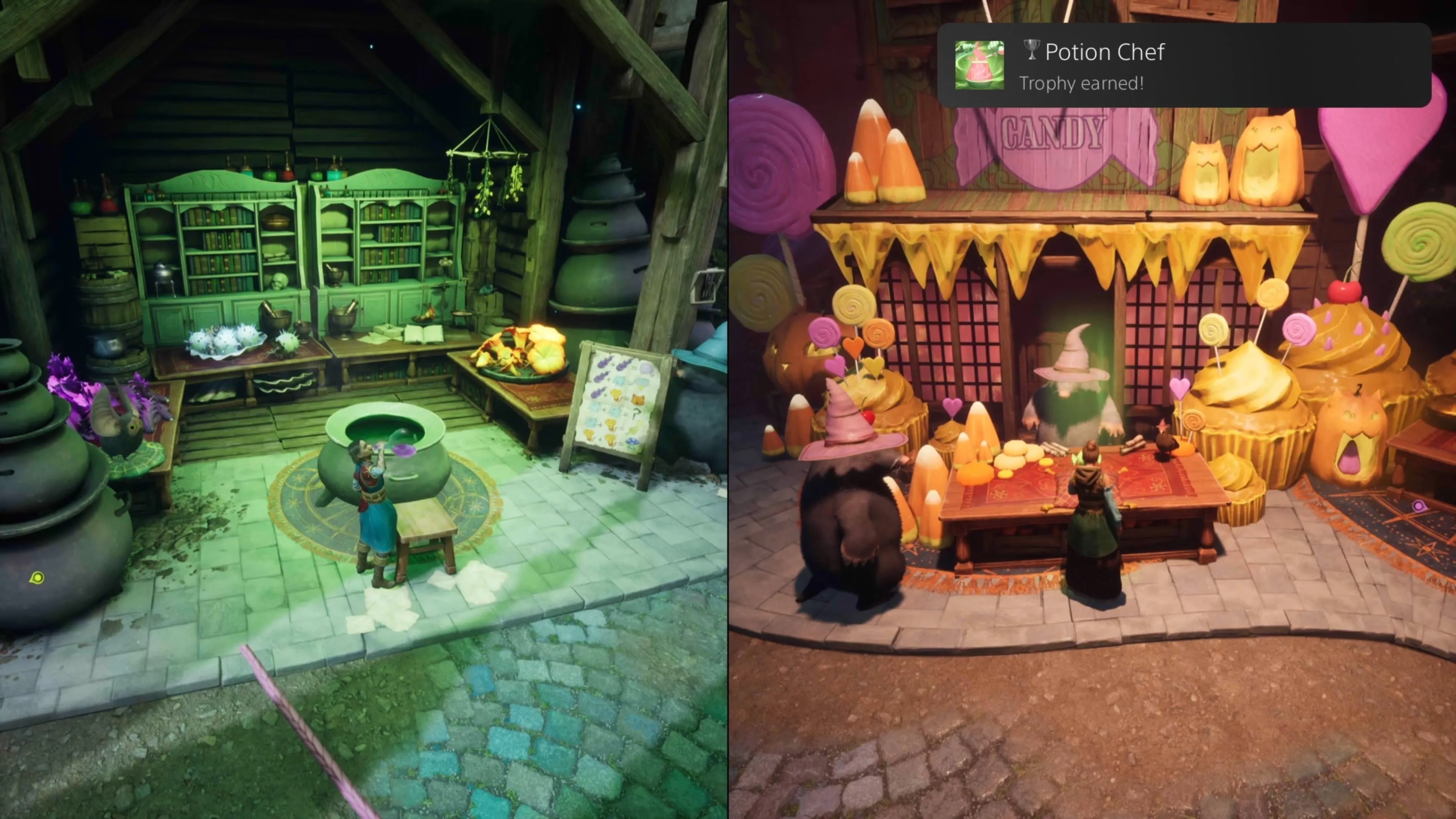 Người chơi pha chế độc dược tại tiệm thuốc Moon Market để nhận trophy Potion Chef trong Split Fiction