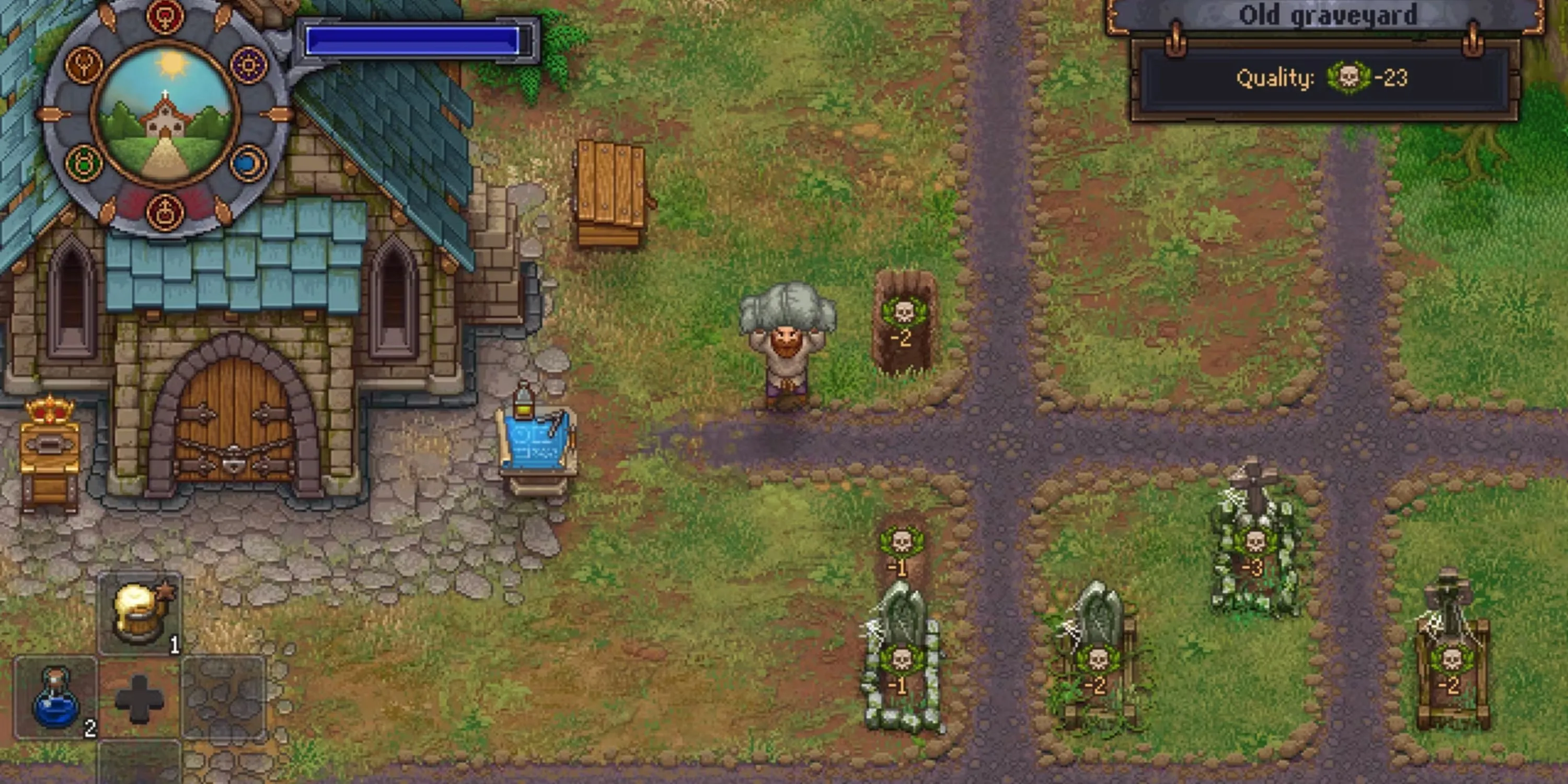 Người chơi quản lý nghĩa trang trong game Graveyard Keeper với phong cách pixel art